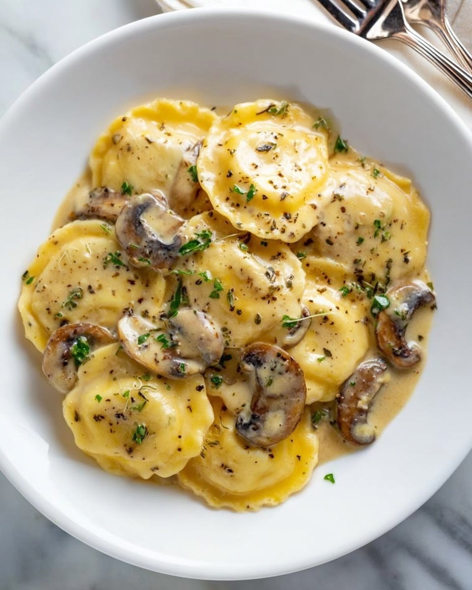 A white plate holds a serving of round ravioli pasta, each piece light golden yellow with a slightly translucent, soft texture. The ravioli are covered in a creamy beige sauce speckled with green herbs and black pepper, creating a rich appearance. Mixed within the pasta are slices of brown mushrooms, which add a darker, earthy tone and a chewy texture contrast. Small bits of green herbs are sprinkled on top for a fresh look. The plate sits on a white marbled surface with a silver fork at the edge. photo taken with an iphone --ar 4:5 --v 7