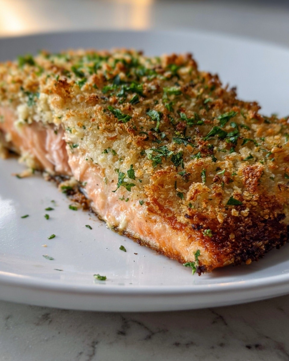 A piece of cooked salmon fillet is shown with three visible layers: the bottom is flaky and light pink fish meat, the middle is slightly translucent moist cooked flesh, and the top layer is a thick, golden-brown crust made of crispy breadcrumbs mixed with chopped green herbs that add texture and color. The salmon rests on a smooth white plate placed on a white marbled surface. Light shines from the side, highlighting the crispy edges of the breadcrumb crust and the moist softness of the fish inside. photo taken with an iphone --ar 4:5 --v 7