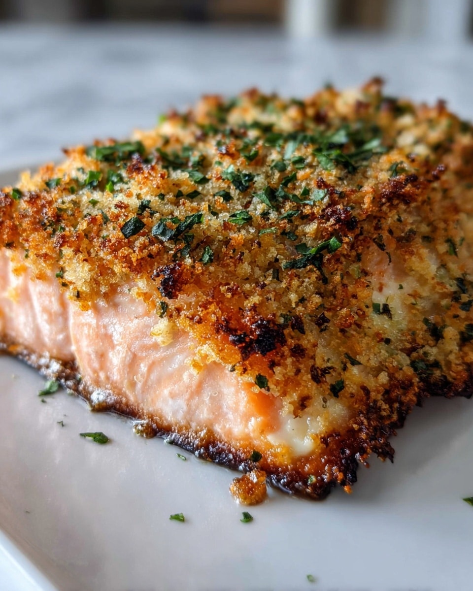 A close-up view of a thick piece of salmon fillet on a white plate, showing three main layers: the bottom layer is a light pink, flaky fish; the top layer is a crunchy golden-brown crust made from toasted breadcrumbs mixed with finely chopped green herbs; the crust has a slightly uneven, textured surface with some darker browned spots around the edges. The plate sits on a white marbled surface and the background is softly blurred, emphasizing the sharp details and colors of the salmon. Photo taken with an iphone --ar 4:5 --v 7
