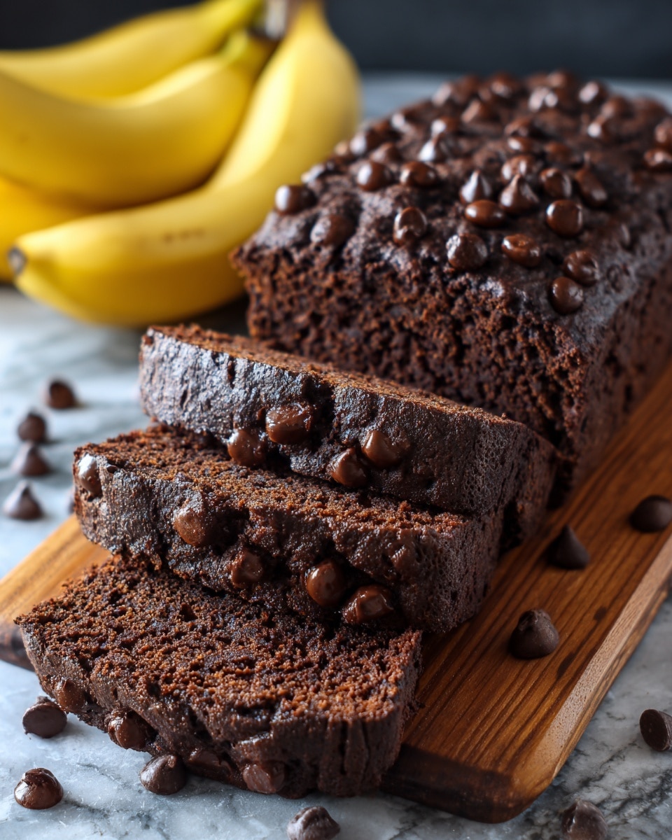 A dark brown chocolate banana bread loaf sits on a wooden cutting board. Three thick slices are cut at the front, showing a moist and dense texture inside with many shiny chocolate chips embedded throughout the bread layers. The surface of the bread is rough and cracked, with a deep chocolate color and more chocolate chips on top. In the background, a cluster of yellow bananas is slightly out of focus. The cutting board rests on a white marbled textured surface, with scattered chocolate chips around it. photo taken with an iphone --ar 4:5 --v 7