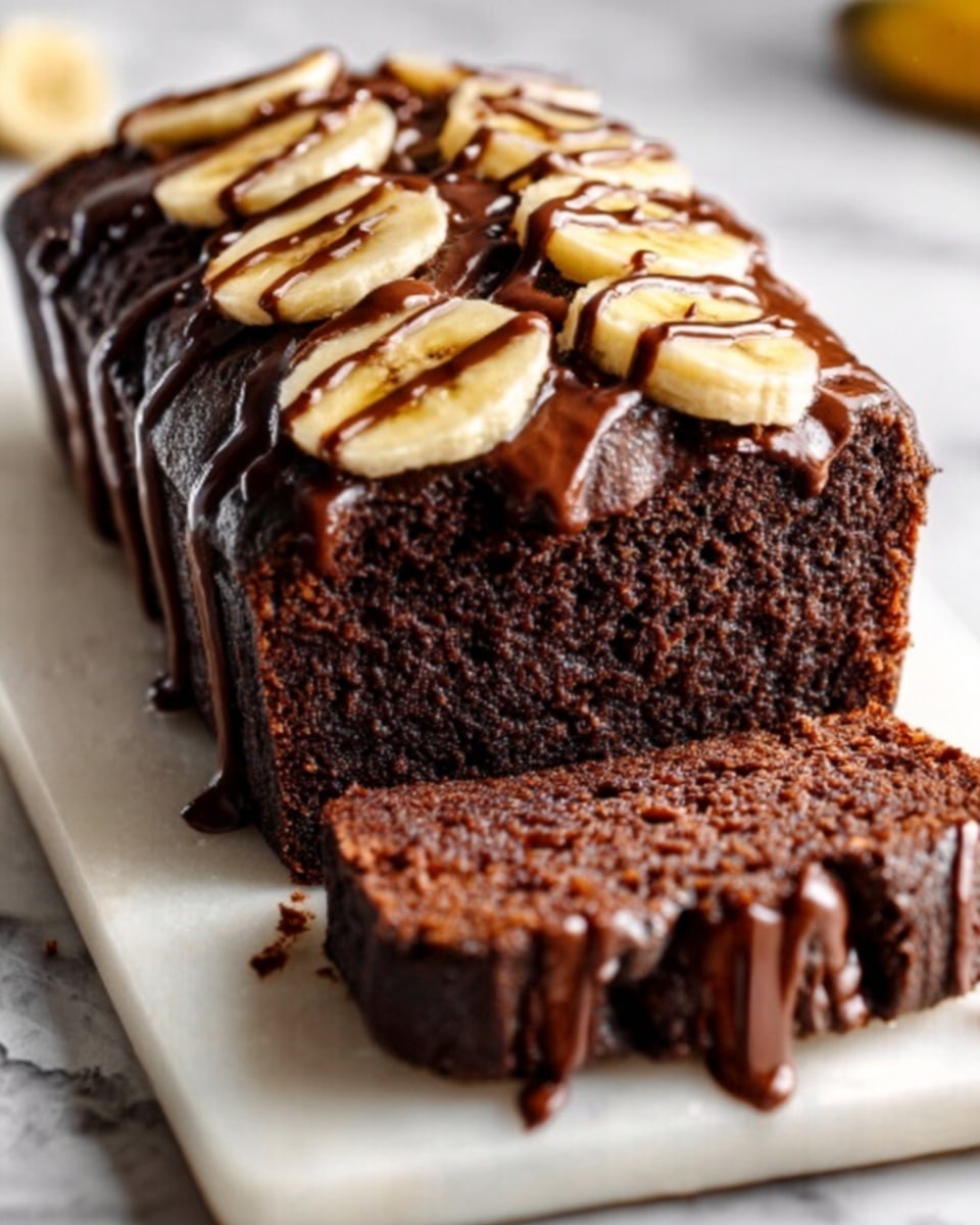 This image shows a thick chocolate loaf cake with a dark, rich texture. It has several slices cut from the loaf, revealing a soft and moist inside. On top of the loaf, there are sliced bananas arranged evenly, with a shiny layer of chocolate sauce drizzled over them in lines. The cake is placed on a white, rectangular serving board on a white marbled surface in the background. Photo taken with an iphone --ar 4:5 --v 7