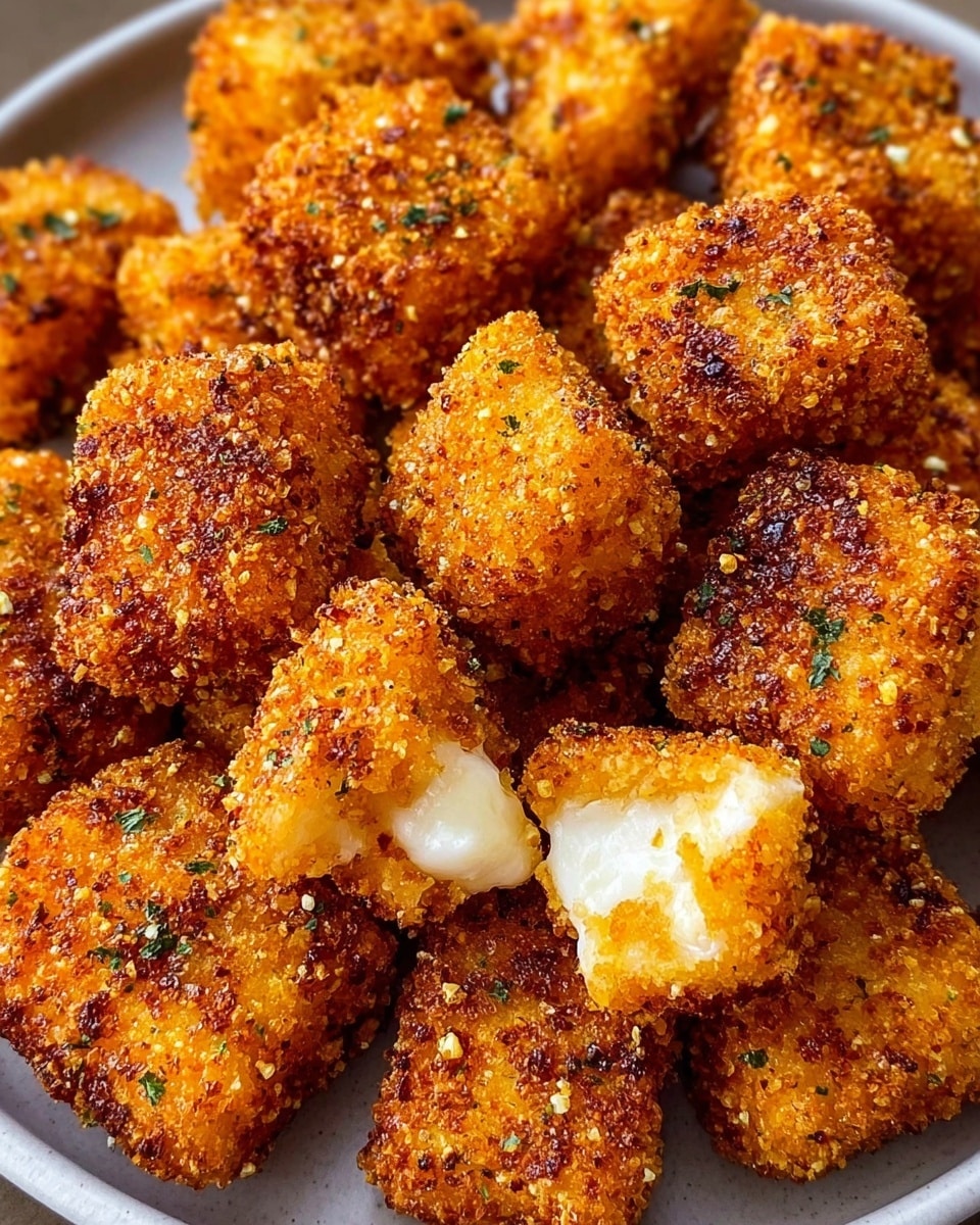 A close-up view of many golden brown, crispy breaded cheese bites piled on a white plate with a matte texture. Each bite is roughly cube-shaped, with a crunchy, coarse breadcrumb coating that has dark brown toasted spots and some sprinkled green herb bits. Some bites have small patches where the creamy white, melted cheese inside is visible, showing a smooth, soft texture. The white marbled surface underneath is blurred slightly to emphasize the food's texture and warm, appetizing color. Photo taken with an iphone --ar 4:5 --v 7