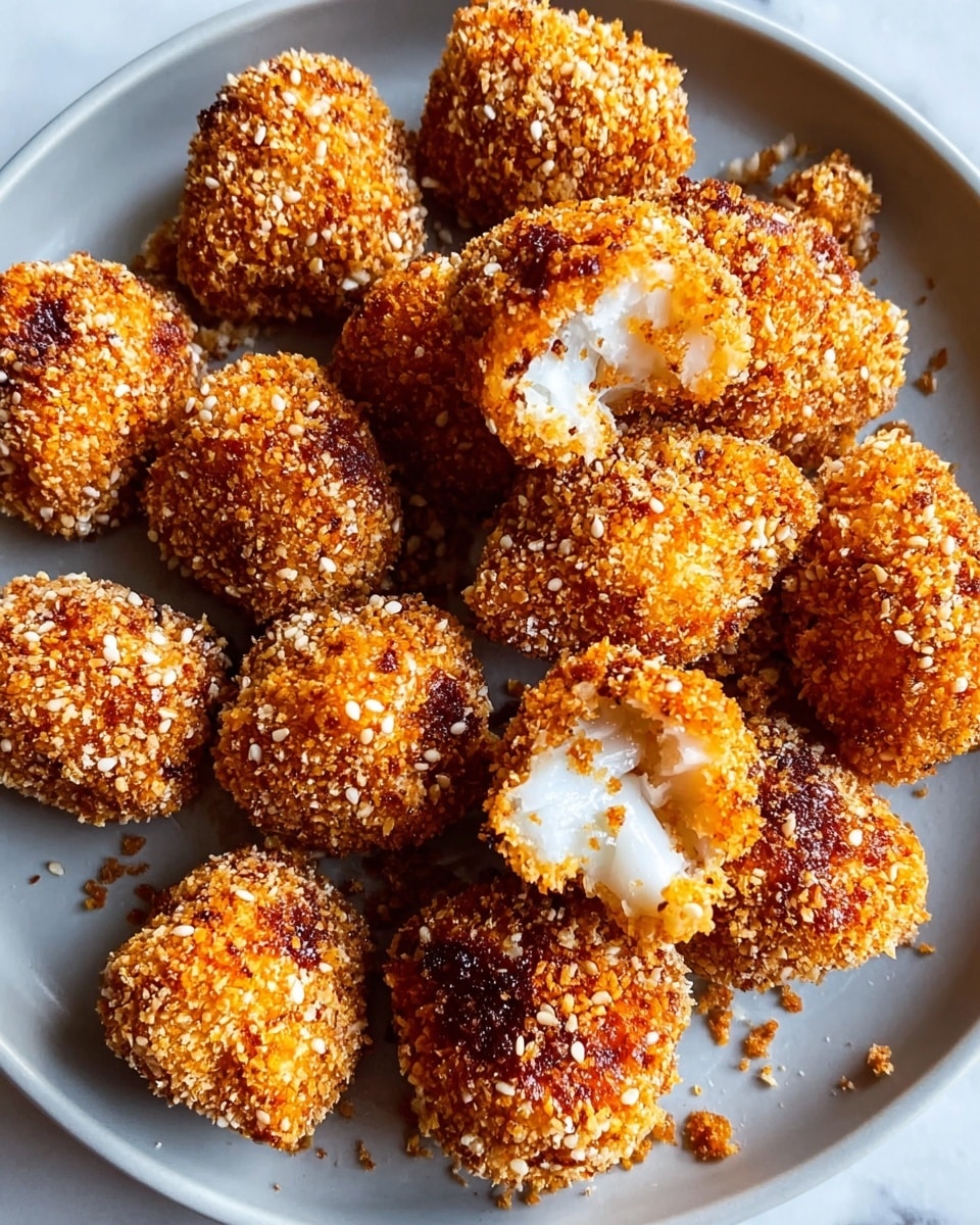 A white round plate is filled with about 15 small golden-brown fried pieces, each coated in a crispy crumb breading with small white sesame seeds mixed in. The pieces have a rough, crunchy texture with some darker toasted spots. Two pieces in the front have a bite taken out, showing soft, white, fluffy filling inside. Some breadcrumbs are scattered around the plate. The plate rests on a white marbled surface. photo taken with an iphone --ar 4:5 --v 7