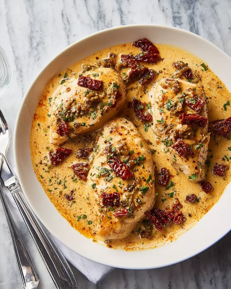 A white round plate filled with three pieces of cooked chicken breasts, each topped with small chunks of dark red sun-dried tomatoes and sprinkled with green herbs. The chicken is covered in a creamy light orange sauce with visible flecks of seasoning, pooling generously around the pieces. The texture of the sauce appears rich and slightly thick, hinting at a smooth and velvety finish. The plate is set on a white marbled surface with a shiny silver fork and knife placed parallel beside it. photo taken with an iphone --ar 4:5 --v 7
