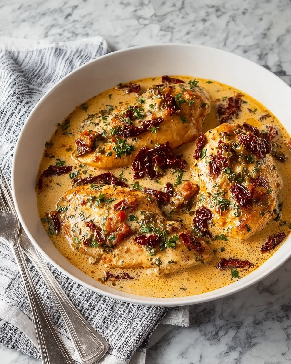 A white bowl filled with three large, browned chicken breasts topped with small pieces of dark red sun-dried tomatoes and fresh green herbs scattered over and around the chicken. The chicken is immersed in a creamy light orange sauce that has a slightly thick and smooth texture with visible specks of spices. The bowl is placed on a white marbled surface with a folded gray and white striped cloth partially under it. A silver fork and knife lie side by side to the left of the bowl. photo taken with an iphone --ar 4:5 --v 7