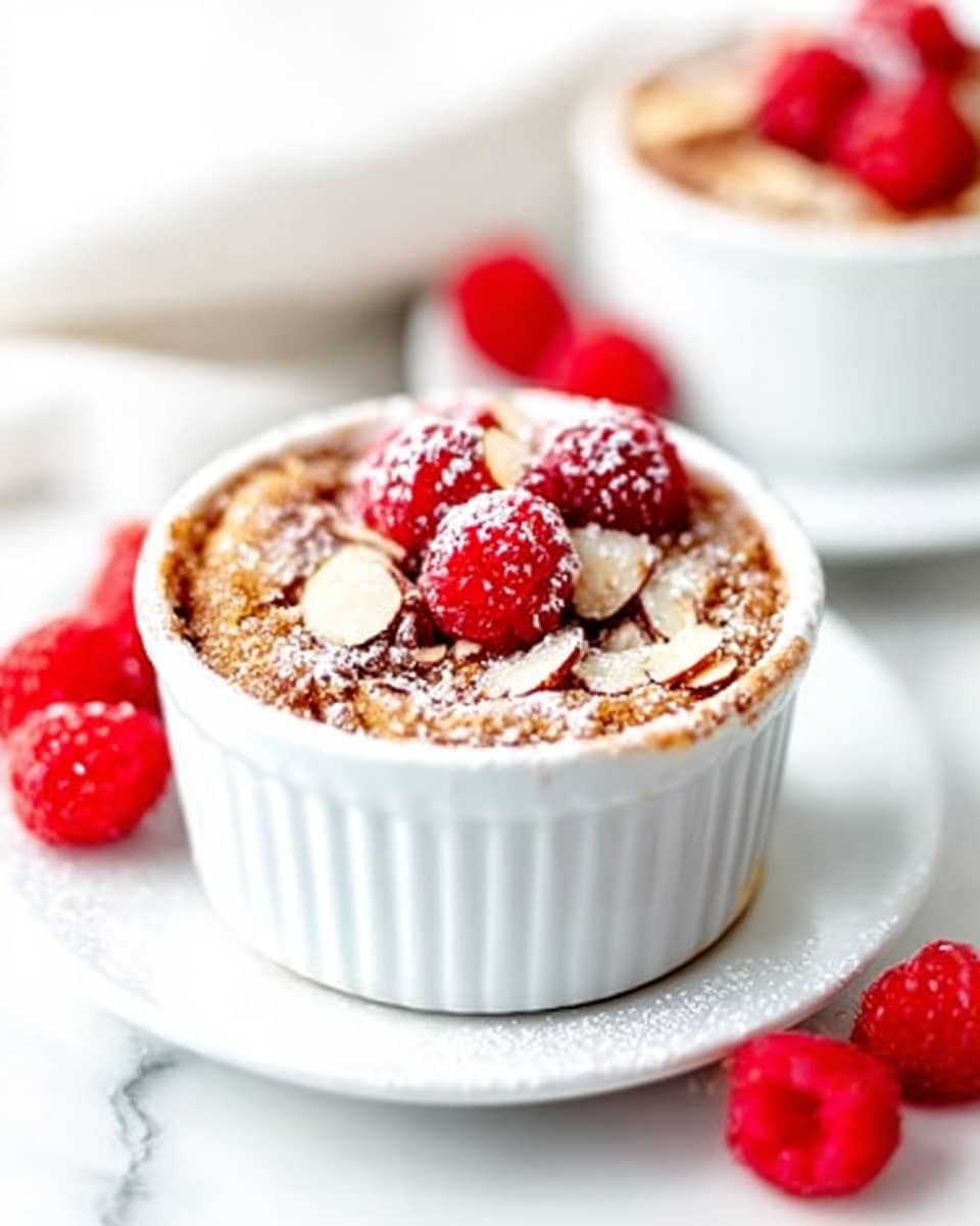 The image shows a single white ramekin filled with a baked dessert that has a golden brown crumbly top layer. On top of the dessert, there are fresh bright red raspberries and some almond slices scattered around. A light dusting of powdered sugar covers parts of the raspberries and crumbs. The ramekin sits on a white round plate on a white marbled surface. In the blurred background, there is another white ramekin with the same dessert and more fresh raspberries scattered nearby. A woman's hand is partially visible on the right side near the plate. photo taken with an iphone --ar 4:5 --v 7
