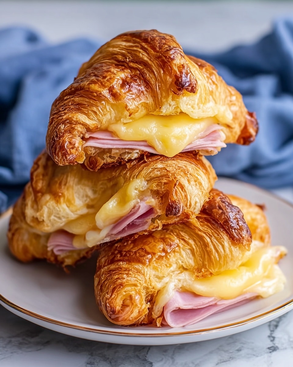 Three golden brown croissants stacked on a white plate with a thin gold rim, each layered with melted creamy yellow cheese and pink slices of ham inside. The croissants show flaky, crisp textures with some darker browned spots on top, and the cheese is slightly oozing out from the layers of ham between the folds. The background is a soft focus of blue fabric, and the plate rests on a white marbled surface. photo taken with an iphone --ar 4:5 --v 7