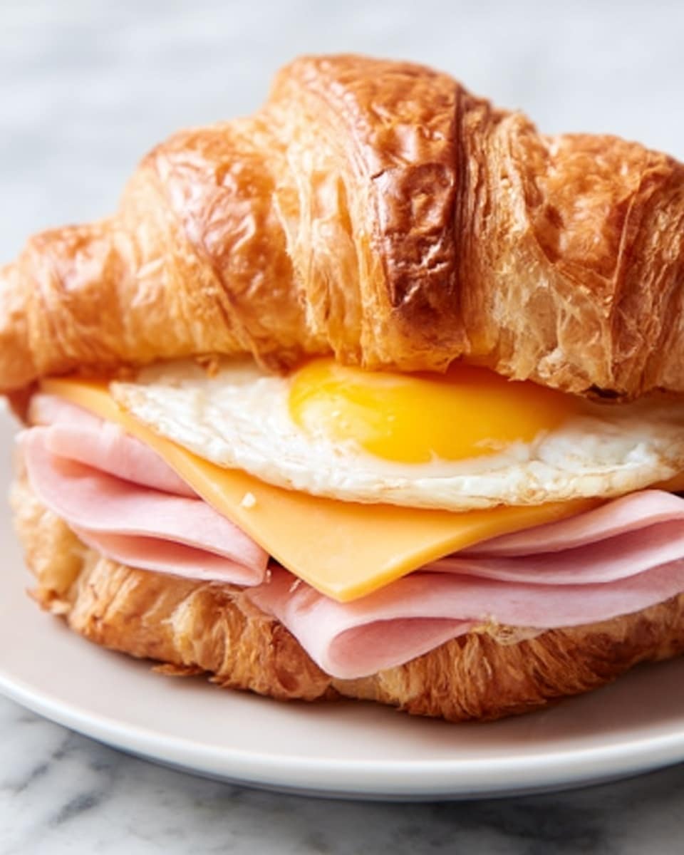 A close-up of a croissant sandwich sitting on a white plate with a white marbled background. The sandwich has three layers inside: at the bottom, there is a folded pink slice of ham with a smooth texture, above that is a square slice of light orange cheese slightly melted, and on top, a fried egg with a bright yellow yolk and white edges peeking out from the croissant's flaky and golden-brown crust. The layers are neatly stacked, and the croissant looks soft and crispy on the outside. photo taken with an iphone --ar 4:5 --v 7
