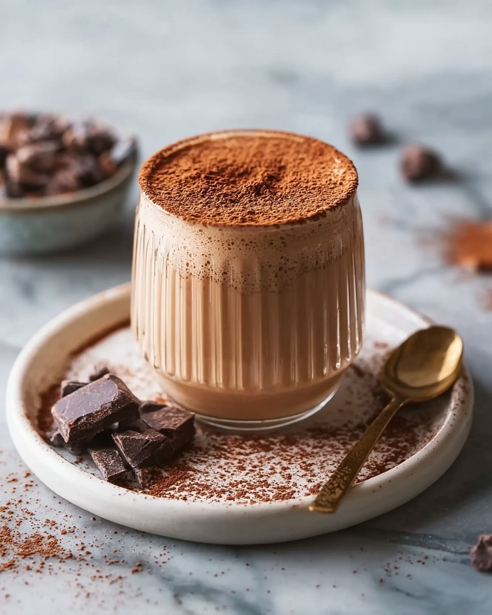 A clear glass cup with vertical ridges is filled with a creamy light brown mousse topped with a thick layer of cocoa powder, creating a rich chocolate look. The glass sits on a white plate with a thin layer of scattered cocoa powder and a few dark chocolate chunks on the left side. A gold spoon lies on the right side of the plate, resting among the cocoa powder. The whole setup is on a white marbled surface with a small bowl filled with more chocolate pieces blurred in the background. Photo taken with an iphone --ar 4:5 --v 7
