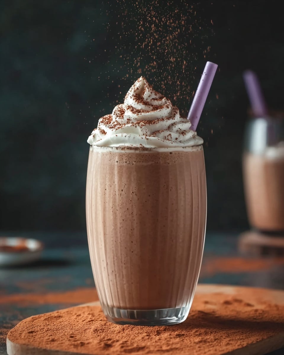 A tall clear glass filled with a creamy light brown chocolate milkshake, showing a smooth texture with tiny darker specks throughout. The glass has vertical ridges and is topped with a swirl of white whipped cream dusted with a generous layer of cocoa powder. A purple straw is placed on the right side, slightly pressed into the whipped cream. Cocoa powder is being sprinkled from above, with some falling onto the whipped cream and some catching the light mid-air. The glass sits on a wooden board over a surface with a light brown cocoa powder spread around it, all set against a dark blurry background with hints of straws and another similar milkshake out of focus. photo taken with an iphone --ar 4:5 --v 7