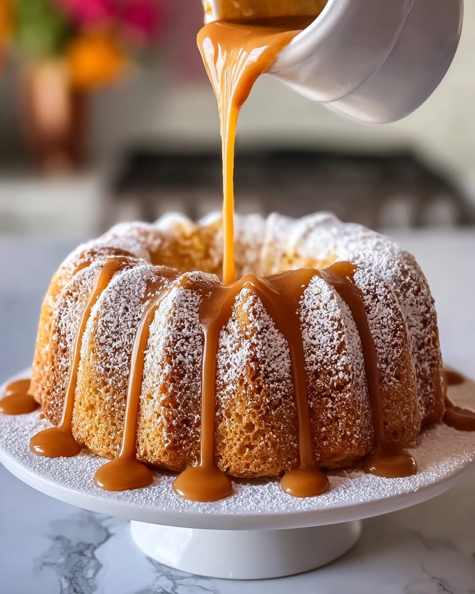A round bundt cake with 12 tall, ridged sections, golden brown in color with a slightly rough texture, sits on a white cake stand. A light dusting of white powdered sugar covers the top and sides of the cake. A thick, glossy caramel sauce is being poured over the top center, flowing down in thick streams into the grooves between the ridges and pooling on the white cake stand. The background is blurred with soft colors and a white marbled surface beneath the stand. Photo taken with an iphone --ar 4:5 --v 7
