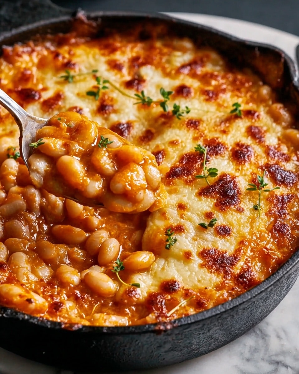 A round black cast iron skillet is filled with a baked dish of white beans covered with a golden brown, bubbly melted cheese layer that has some browned spots throughout. A silver spoon is scooping beans from the skillet, showing a thick, saucy orange base with visible beans. Small green herb sprigs are sprinkled on top of the melted cheese. The skillet rests on a white marbled surface. photo taken with an iphone --ar 4:5 --v 7