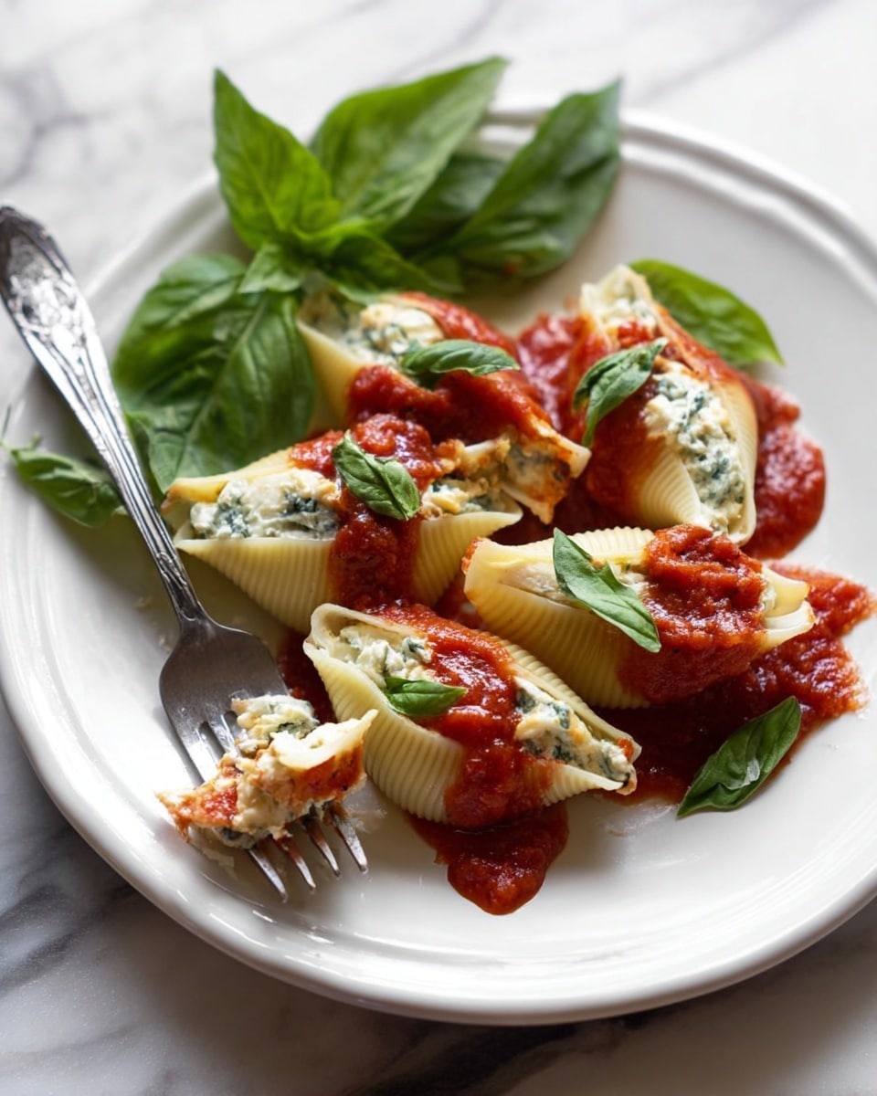 The image shows a white round plate with four large pasta shells stuffed with a white and green cheese mixture. Each shell is topped with bright red tomato sauce and thin slices of fresh green basil leaves. Behind the shells, whole basil leaves rest on the plate. A silver fork rests on the left side of the plate. The plate sits on a white marbled surface. photo taken with an iphone --ar 4:5 --v 7