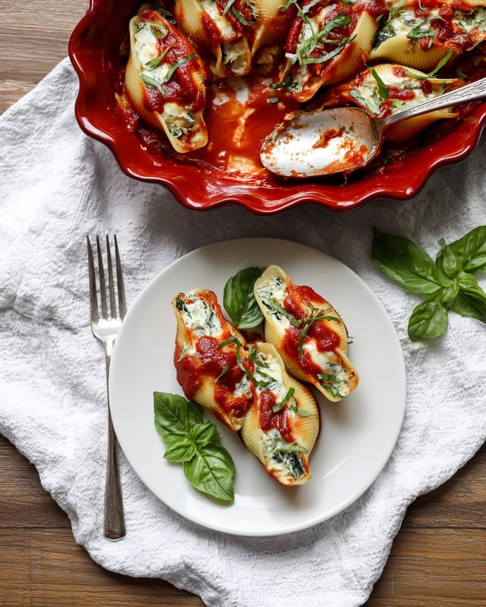 A white round plate holds three pasta shells filled with a creamy white and green mixture, topped with red tomato sauce and scattered green basil strips; the plate is garnished with three fresh whole basil leaves and sits on a white cloth on a white marbled texture surface. To the upper left is a red scalloped baking dish filled with more stuffed pasta shells layered with the same creamy filling and tomato sauce, sprinkled with torn basil leaves; a silver spoon rests in the baking dish. A silver fork lies on the plate beside the pasta shells. Photo taken with an iphone --ar 4:5 --v 7
