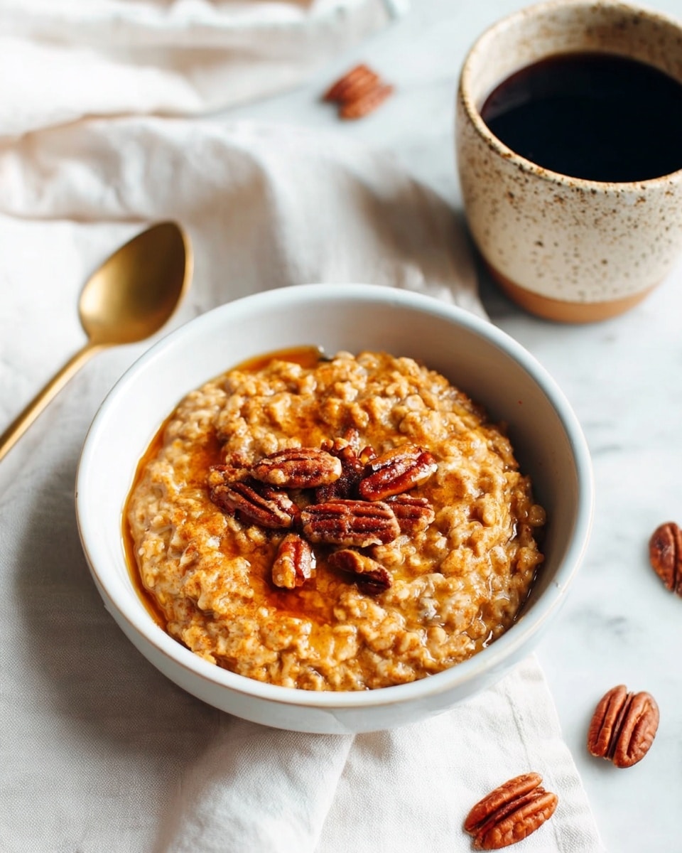 A white bowl filled with creamy oatmeal mixed with several whole pecans, showing a thick and slightly chunky texture with a warm orange-brown hue from spices or syrup, topped with a drizzle of shiny honey or syrup that glistens. The bowl is placed on a soft white cloth on a white marbled surface, with a beige-speckled ceramic cup of black coffee nearby, and a few loose pecans scattered around the bowl. A gold spoon rests on a white napkin in the background. photo taken with an iphone --ar 4:5 --v 7