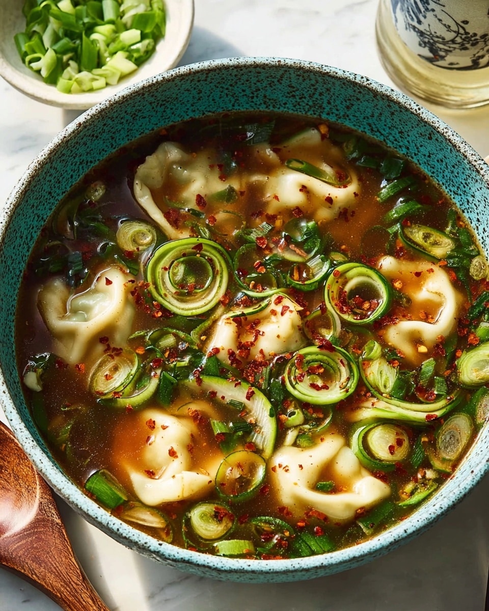 A blue-green bowl filled with a clear, brown broth contains several white dumplings with soft, folded edges sitting just below the surface. Floating in the soup are yellowish noodle strands and a generous layer of chopped green onions, some sprinkled with red chili flakes that add specks of bright red contrast. The bowl rests on a white marbled surface, next to a wooden spoon with a smooth, shiny texture. In the background, a small bowl with sliced green onions and a dark bottle are also visible. Photo taken with an iphone --ar 4:5 --v 7