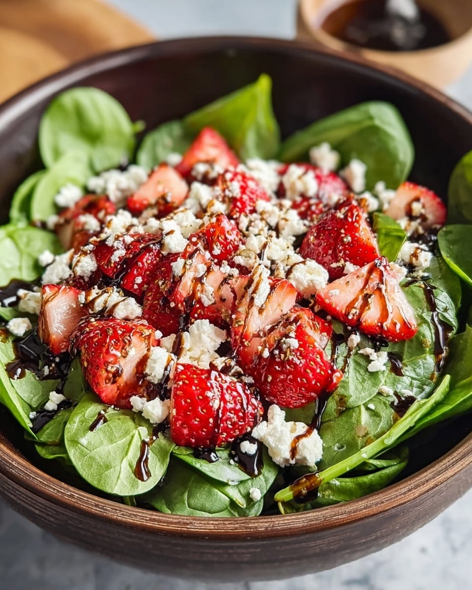 A bowl of fresh strawberry spinach salad with three visible layers: a base layer of bright green spinach leaves filling the bowl, a middle layer of sliced red strawberries spread evenly over the spinach, and a top layer of white crumbled cheese sprinkled around. The salad is drizzled with a dark balsamic glaze creating shiny, thin streaks on top. The bowl is deep with a dark brown exterior and white marbled texture underneath. photo taken with an iphone --ar 4:5 --v 7