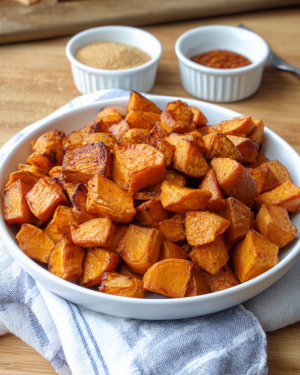 A white round plate filled with several pieces of roasted sweet potatoes, cut into small thick cubes and wedges, with a rich orange color and slightly charred edges showing a crispy texture. Next to the plate is a small white round bowl filled with light brown sugar, with a small pile of cinnamon powder next to it on the white marbled surface. A blue and white striped cloth is partially under the plate with a wooden spoon resting on it. Photo taken with an iphone --ar 4:5 --v 7
