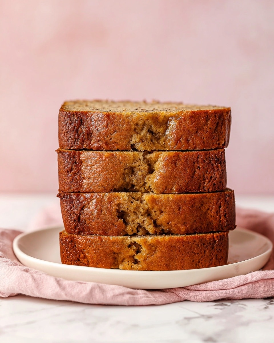 The image shows a stack of four thick, golden-brown slices of banana bread placed neatly on a white plate. The bread has a slightly rough texture with visible small air pockets and a moist center, which looks lighter in color than the crust. The brown crust is firm and evenly baked, wrapping around the soft and dense inner part of the bread. The plate sits on a folded light dust pink napkin over a white marbled surface, with a soft pink blurred background. photo taken with an iphone --ar 4:5 --v 7