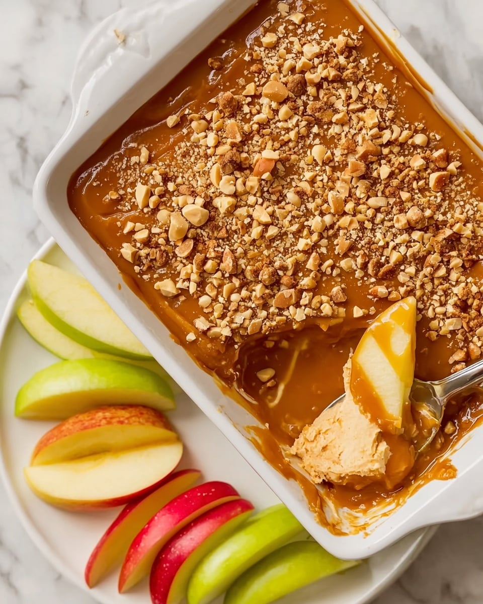 A white rectangular dish filled with a smooth, shiny caramel layer spread evenly on top, sprinkled generously with chopped peanuts creating a textured, crunchy surface. Underneath the caramel and peanuts, there is a soft, beige creamy layer visible where a scoop has been taken out, revealing the thick consistency. A slice of yellow apple rests on the scoop of the creamy layer, partially covered in caramel sauce. Below the dish, on a white plate, thin apple slices in shades of red, green, and yellow are neatly arranged. The whole setup is placed on a white marbled surface. photo taken with an iphone --ar 4:5 --v 7