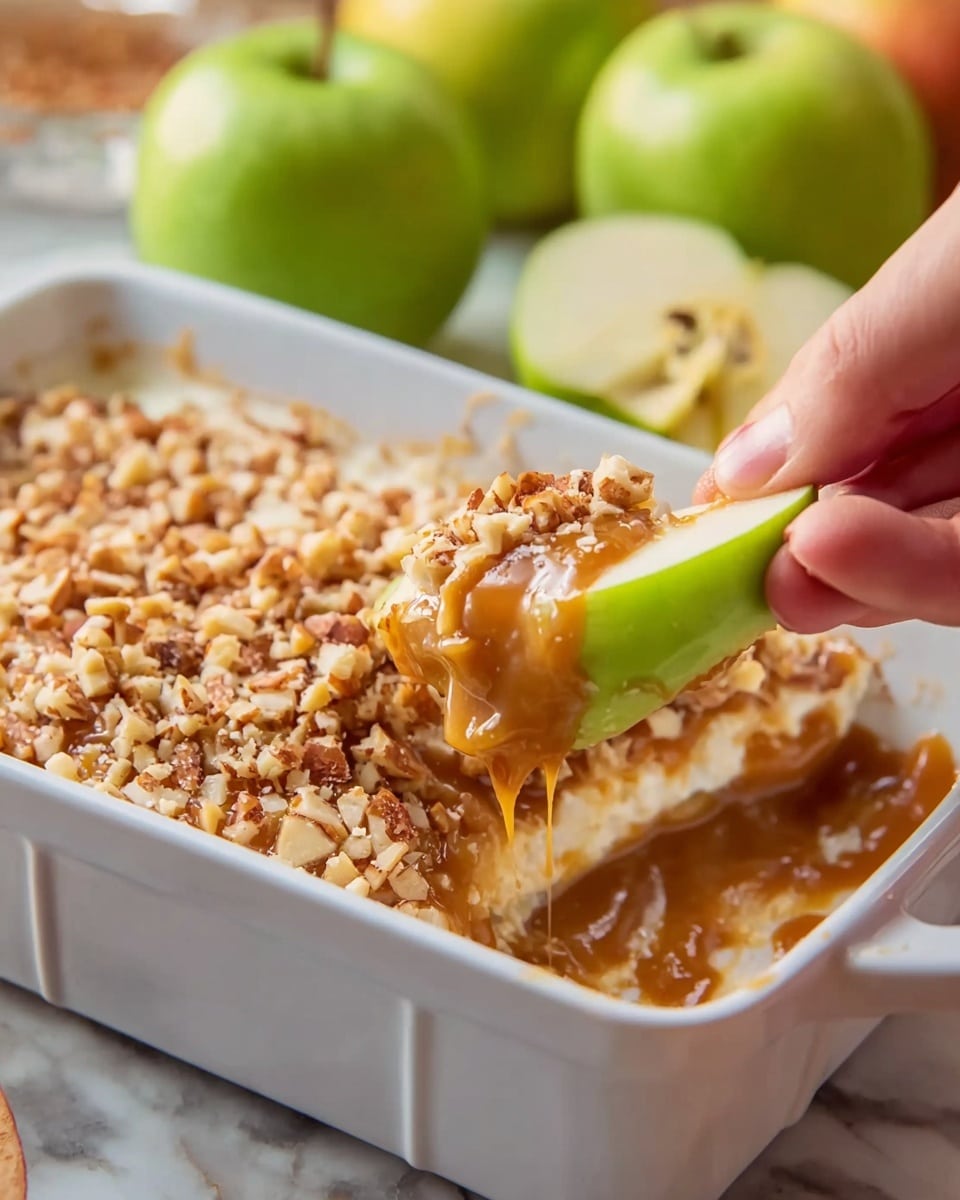 A close-up image shows a white rectangular dish with three layers of food; the bottom layer is white and creamy, the middle layer is smooth and light brown caramel, and the top layer is covered with small, chopped nuts that are light golden brown, giving a crunchy texture. A woman's hand is holding a green apple slice, dipping it into the dish to scoop up the mixture, with caramel and nuts sticking to the apple. In the background, there are blurred apples and a white marbled surface. Photo taken with an iphone --ar 4:5 --v 7