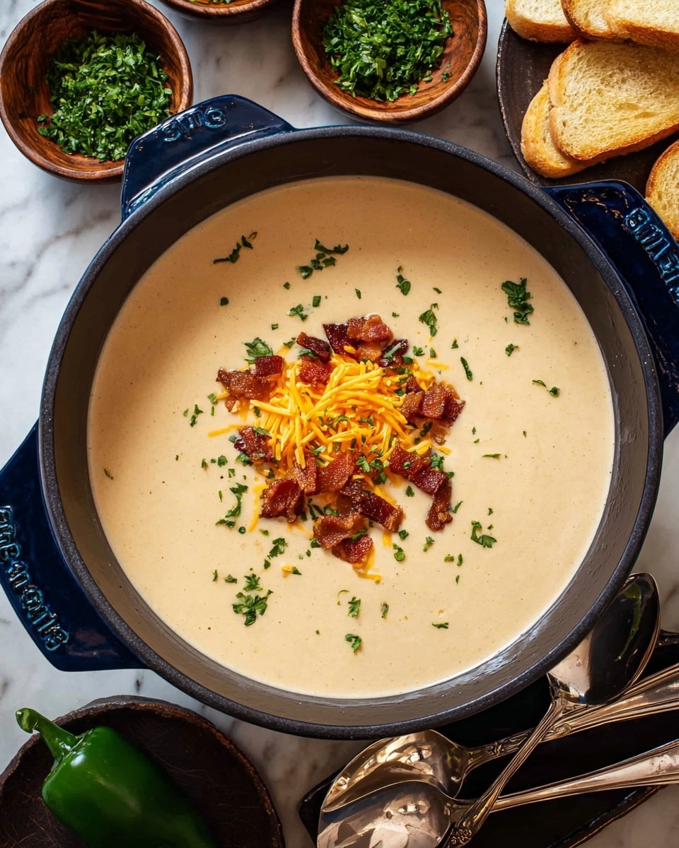 A creamy light orange soup fills a round grey bowl. On top, there are three small grilled cheese sandwich squares, golden brown with melted bright yellow cheese inside. Small crispy brown bacon bits and chopped green onions are sprinkled around and on the sandwich pieces. The bowl sits on a white marbled surface next to two metal spoons, a few green jalapeño peppers, and a black plate holding more grilled cheese sandwich pieces. The soup looks thick and smooth with some green herb bits mixed in. photo taken with an iphone --ar 4:5 --v 7