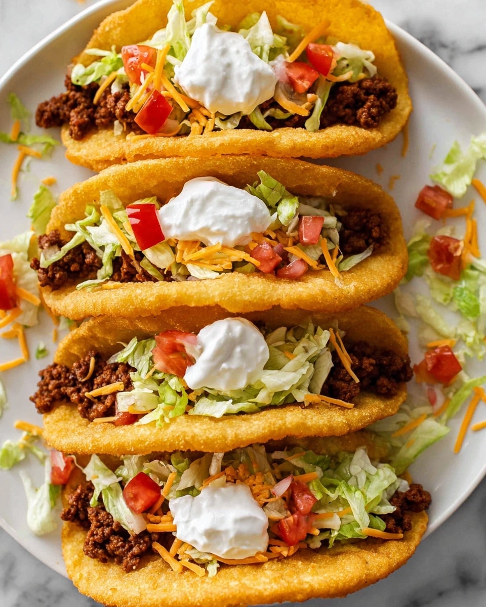 Three tacos are placed side by side on a wooden board with a white marbled background. Each taco has a crispy golden-brown folded tortilla shell filled with layers starting from browned ground beef at the base, then topped with fresh shredded white and green lettuce, bright yellow shredded cheese, and small chunks of red tomato. The textures are a mix of crispy shell, soft meat, crunchy lettuce, and moist tomatoes. Photo taken with an iphone --ar 4:5 --v 7