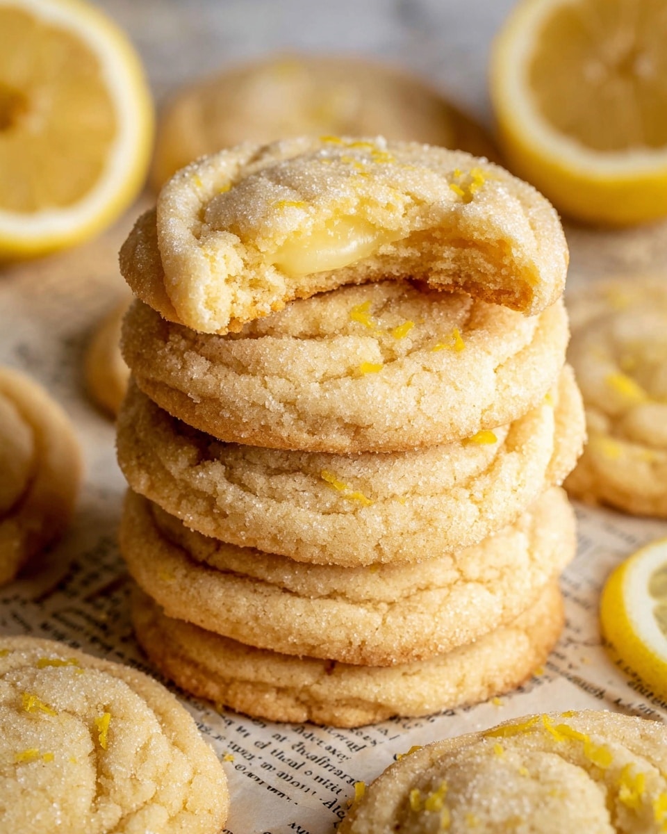 A stack of six soft lemon cookies with a golden brown color and a slightly cracked texture. The top cookie has a bite taken out, showing a soft, creamy lemon filling inside. Each cookie is sprinkled lightly with sugar and small lemon zest bits for texture. Around the stack, there are several more cookies lying flat, similar in color and sugar coating. In the background and foreground, there are fresh lemon slices with bright yellow rinds and pale yellow centers. The scene is set on a white marbled surface with pieces of text subtly visible beneath the stack. photo taken with an iphone --ar 4:5 --v 7