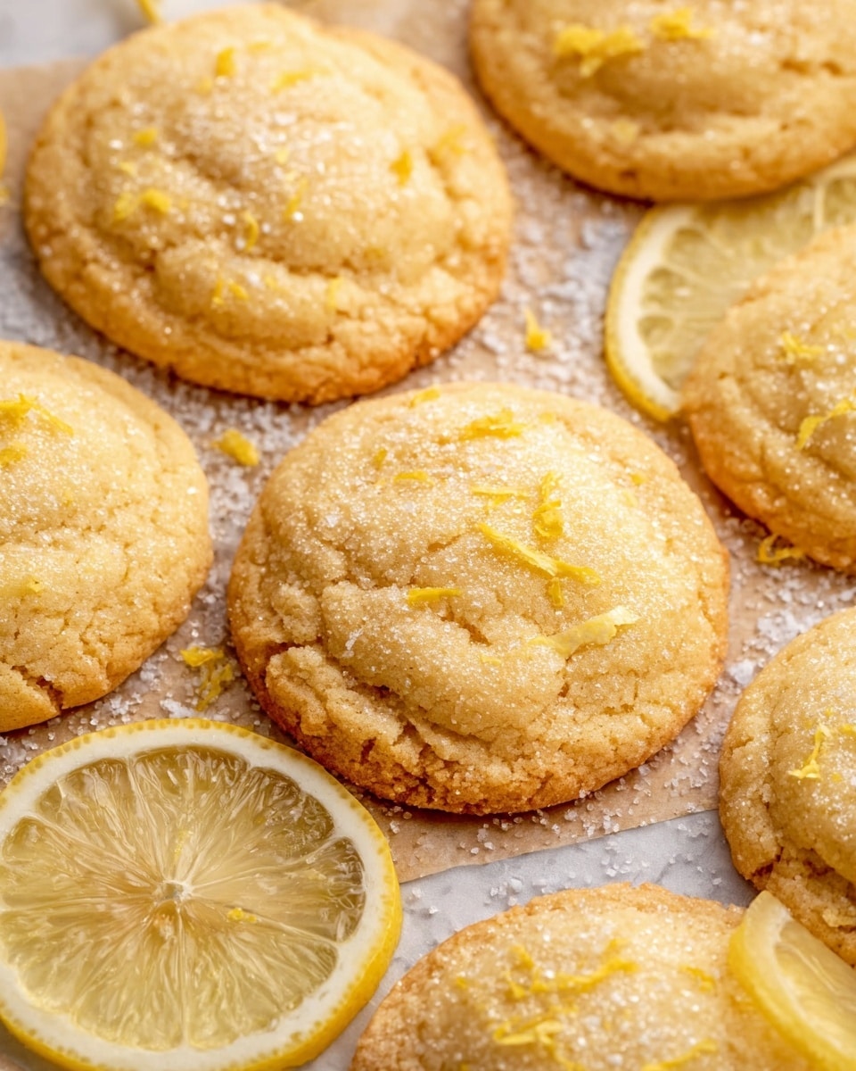 The image shows six round lemon cookies with a rough, slightly cracked golden surface coated lightly with sugar crystals and small pieces of lemon zest on top. They are laid out in a scattered arrangement on a sheet of printed parchment paper. Beside the cookies, there are thick slices of lemon that show the pale yellow flesh and textured peel. The background has a white marbled texture. photo taken with an iphone --ar 4:5 --v 7