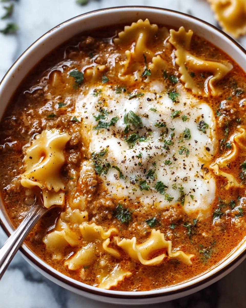 A close-up view of a white bowl filled with layered lasagna soup, showing about three layers. The first layer is a rich, chunky brown meat sauce with small bits of ground meat and a reddish-orange oily broth around the edges. The second layer is pale yellow lasagna noodles with wavy edges, partially submerged in the soup. The top third layer is melted white cheese spread across the center, slightly browned with small green herb flakes sprinkled over it. A silver spoon is partially immersed on the right side of the bowl. The bowl sits on a white marbled surface. Photo taken with an iphone --ar 4:5 --v 7