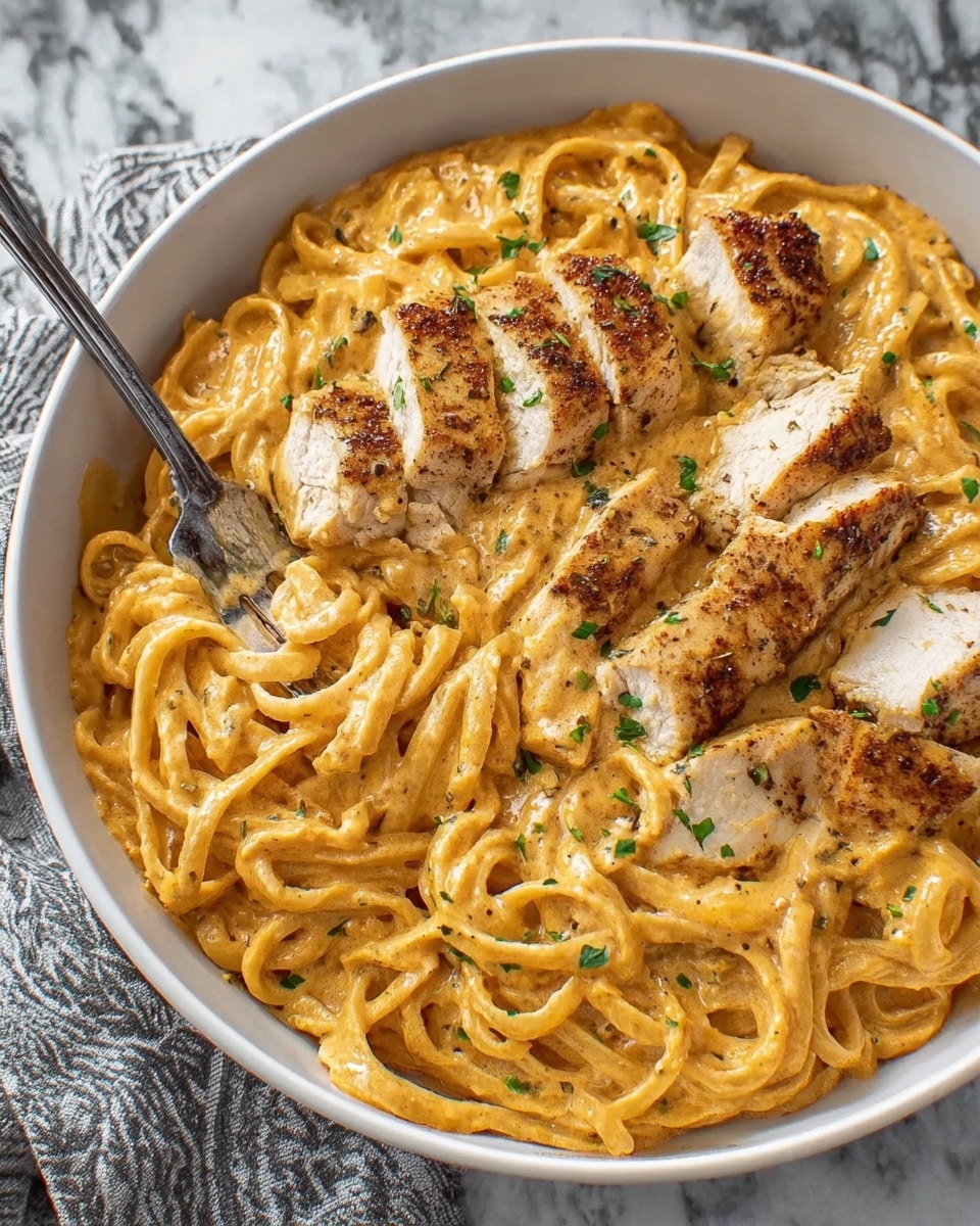 A white bowl filled with creamy, orange-colored pasta coated in a thick sauce with visible flecks of herbs. The pasta appears soft and slightly twisted in shape. On top, there are several slices of golden-brown grilled chicken arranged in a row, with a slight char and grill marks, adding texture and contrast. Dotted around the pasta are sliced cherry tomatoes, adding small pops of red. Fresh green herbs are sprinkled generously over the chicken and pasta, giving a fresh touch to the dish. The bowl is placed on a white marbled surface next to a gray and white striped cloth. photo taken with an iphone --ar 4:5 --v 7