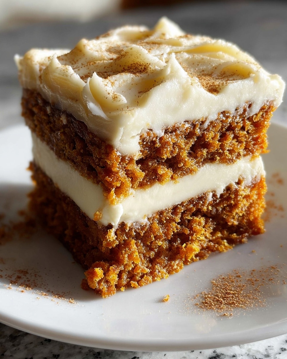 A close-up view of a square slice of layered carrot cake on a white plate, placed on a white marbled surface. The cake has three distinct layers: the bottom layer is a moist, textured orange-brown carrot cake, followed by a smooth, thick white cream cheese filling in the middle, then another similar orange-brown carrot cake layer, and topped with a thick layer of creamy white frosting with soft swirls. Light brown cinnamon or nutmeg powder is sprinkled gently over the frosting and some on the plate. The overall look is rich and moist with contrasting colors and textures. photo taken with an iphone --ar 4:5 --v 7