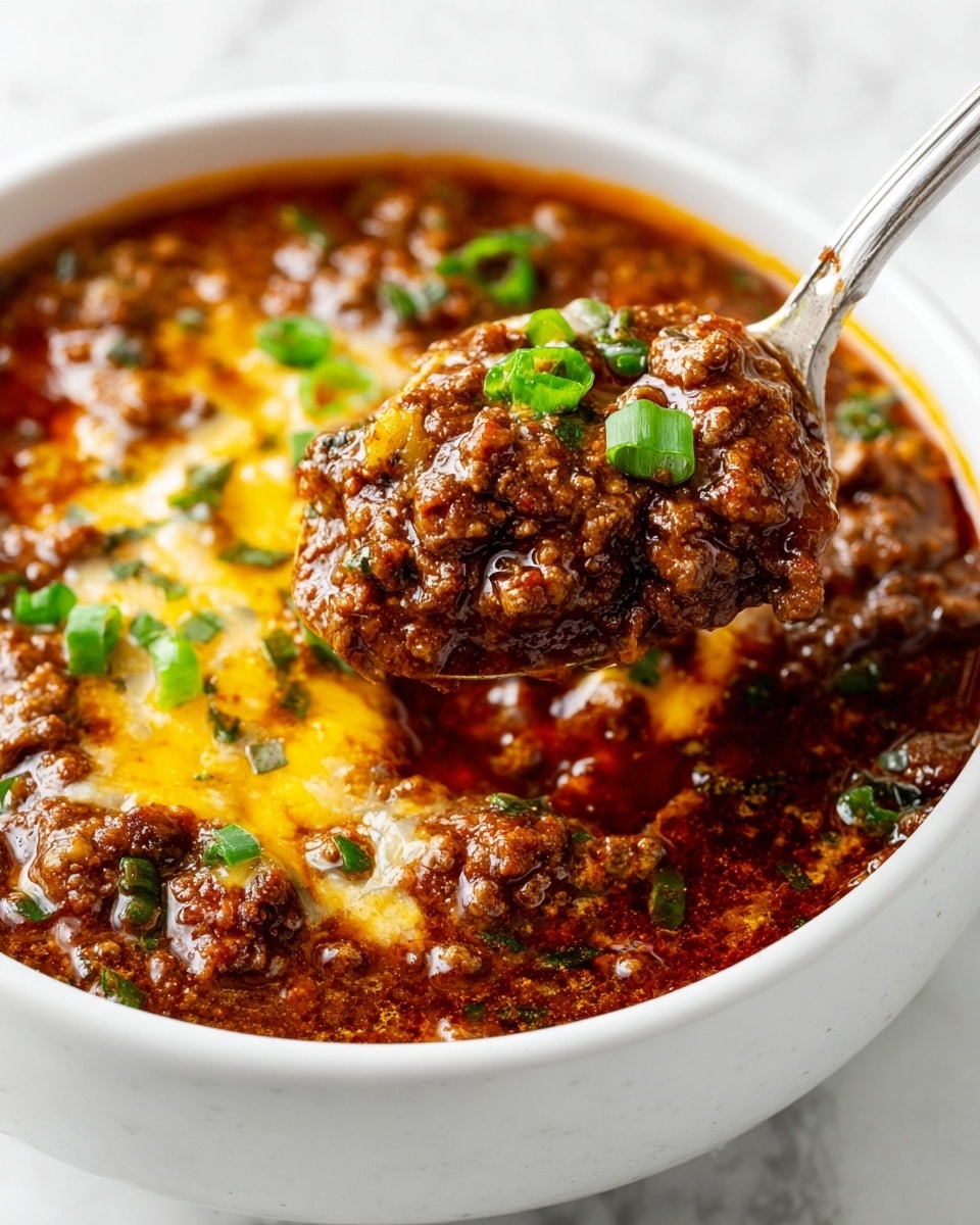 A white bowl filled with thick chili made of ground beef, red tomato pieces, and deep reddish-brown sauce, topped with a layer of shredded yellow and white cheese melting slightly. On top of the cheese, there is a dollop of white sour cream crowned with chopped bright green onions scattered evenly. The bowl rests on a gray napkin placed upon a white marbled surface with some green parsley in the background. Photo taken with an iphone --ar 4:5 --v 7