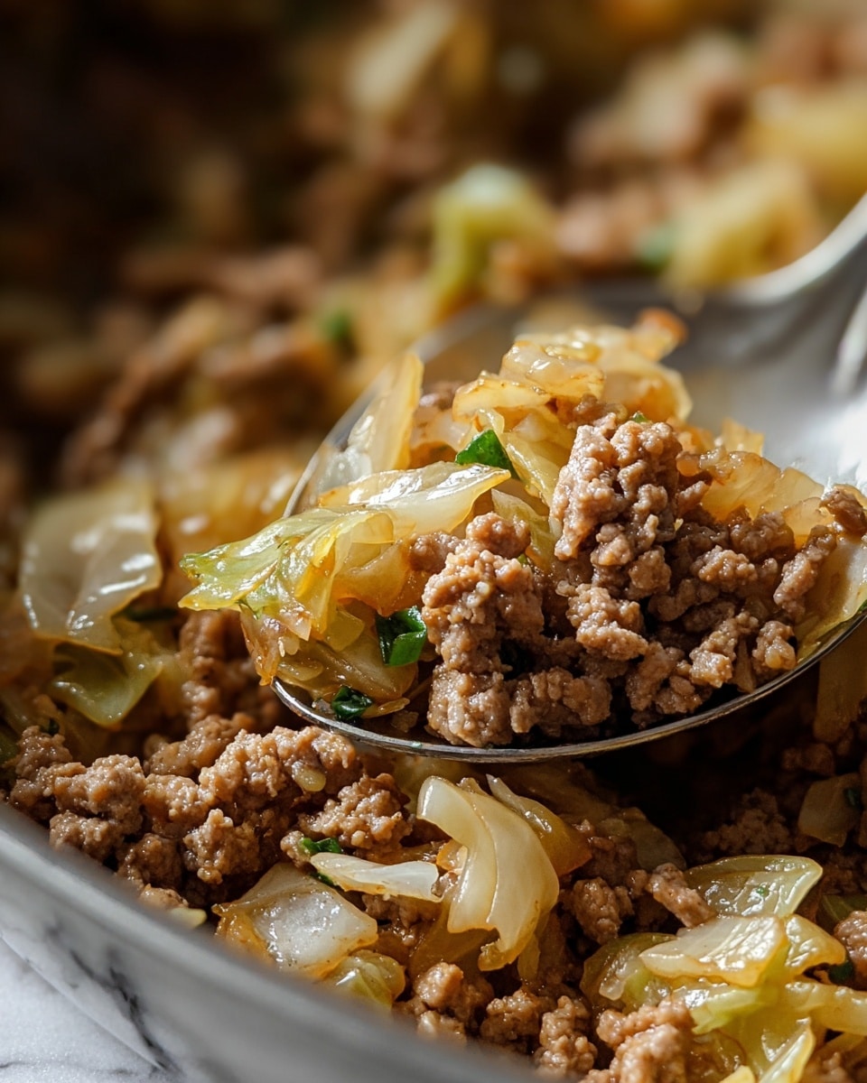 This close-up image shows a mix of cooked ground meat and soft cooked cabbage pieces. The ground meat is brown and crumbly, with a slightly shiny texture from sauce or cooking juices. The cabbage pieces are pale yellow to light translucent white, with some edges turning a light golden color, showing they are cooked tender. Small bits of onion and green herbs are mixed in, adding texture and little color spots. The mixture sits on a white marbled surface, with a metal spoon partially visible, lifting some of the mixture. Photo taken with an iphone --ar 4:5 --v 7