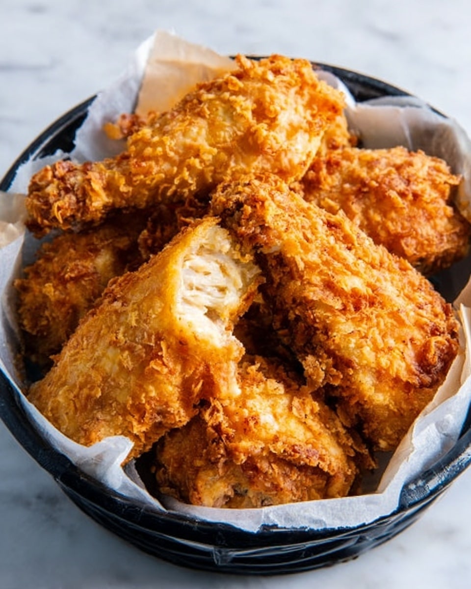 The image shows three pieces of crispy fried chicken on a white plate, each coated in a thick, golden-brown crust made of large, crunchy flakes. The chicken pieces have a rough, textured surface with visible layers of flaky coating, giving a crunchy appearance. Flakes are scattered around the plate, adding to the crispy feel. The background is a white marbled surface, highlighting the warm tones of the chicken. photo taken with an iphone --ar 4:5 --v 7