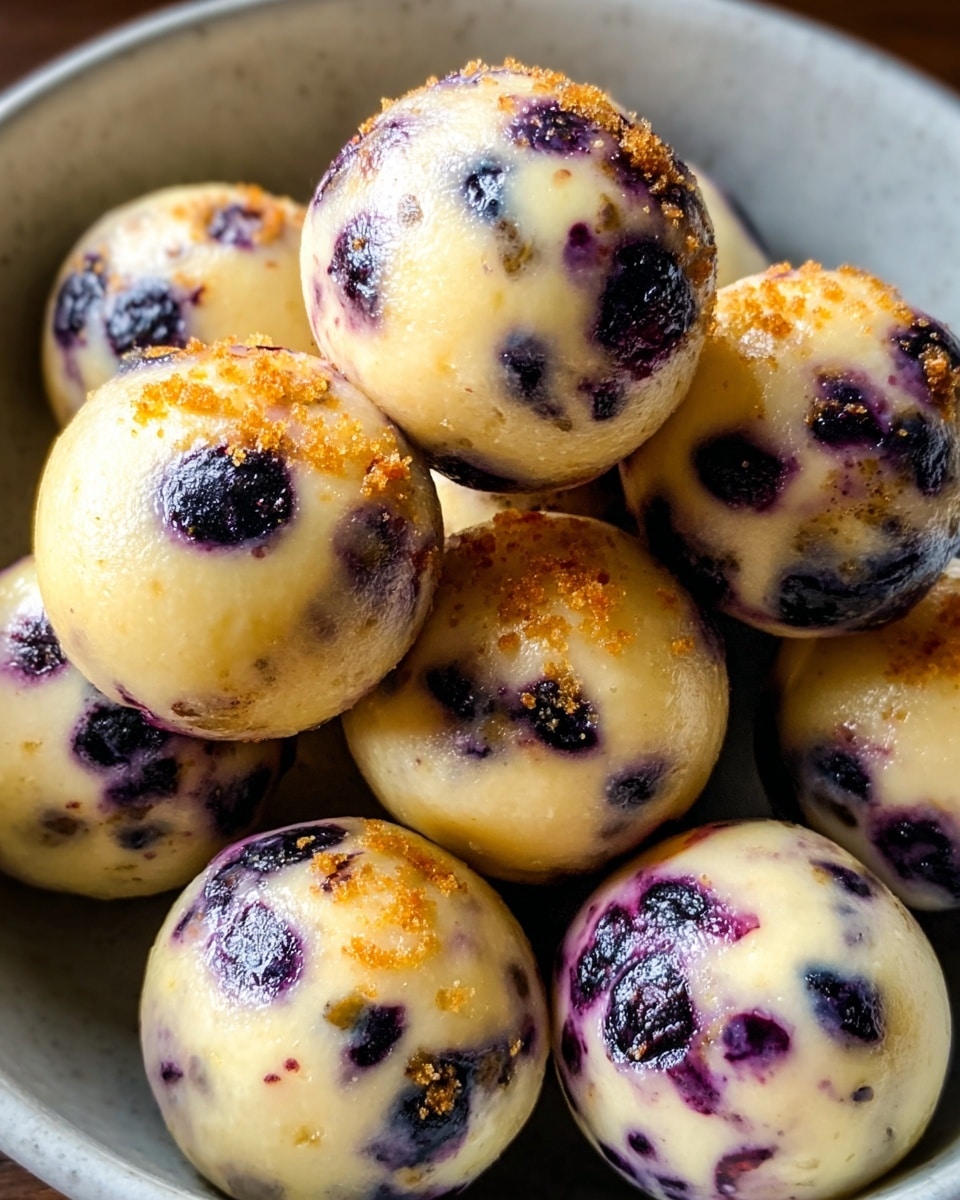 The image shows a close-up of a bowl full of small round dessert balls, each about the size of a large marble. The balls have a creamy white base dotted with deep blue or purple spots from blueberries embedded inside. They are lightly browned on the surface in uneven patches, adding a textured and slightly crispy look. The dessert balls are stacked inside a white bowl with a smooth inner surface. The background is a white marbled texture, making the colors of the dessert stand out brightly. photo taken with an iphone --ar 4:5 --v 7