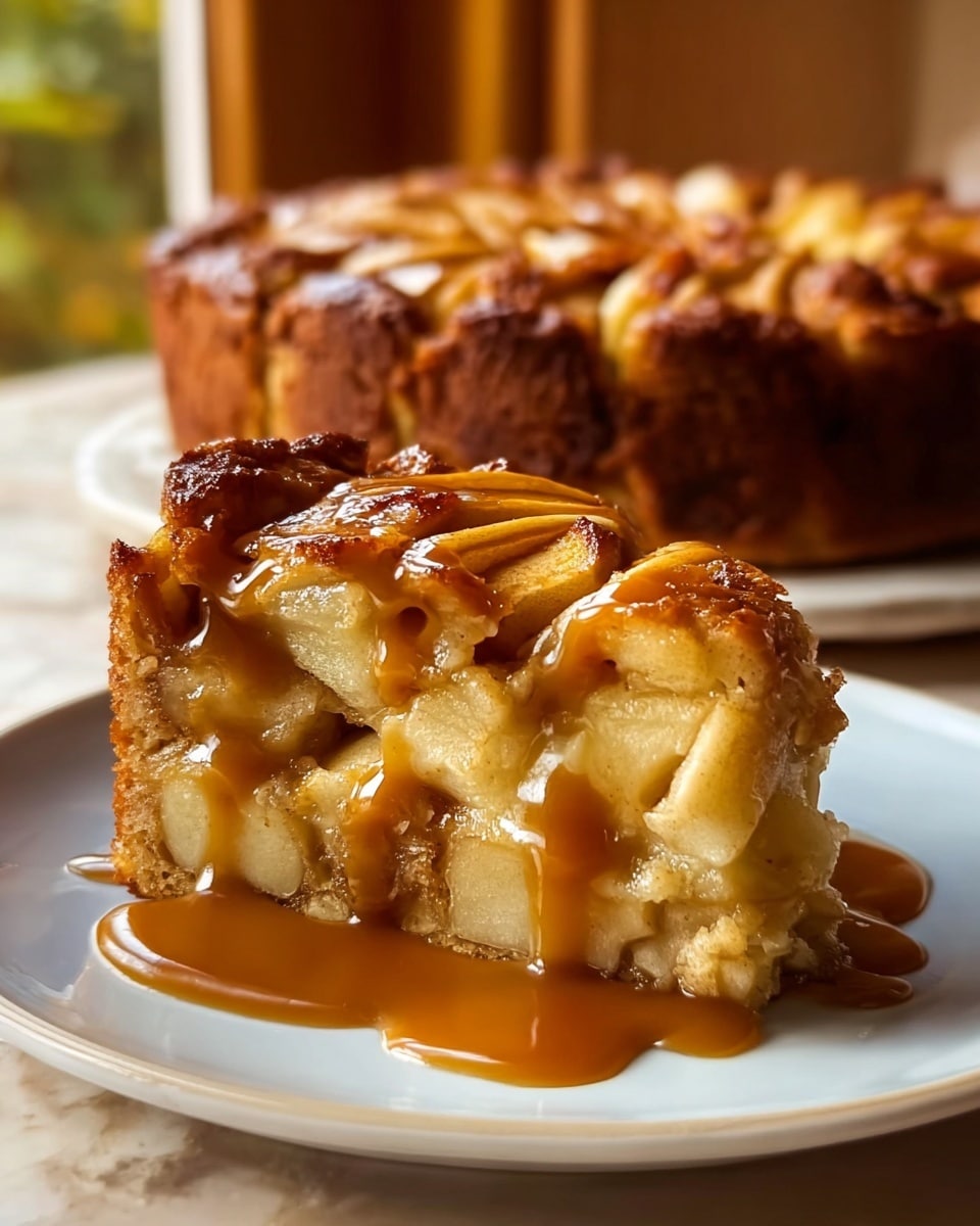 A slice of apple cake sits on a white plate with layers of soft, cooked apple pieces inside and a golden-brown crust on top and sides, covered in sticky caramel sauce that drips down the sides and pools on the plate. The cake's texture looks dense but moist, with a slightly crisp top. In the background, the rest of the apple cake is visible, showing the same browned crust and grouped apple slices. The scene is set on a white marbled surface with warm filtering light. Photo taken with an iphone --ar 4:5 --v 7