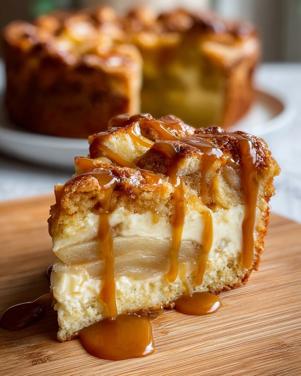 A close-up view of a slice of apple cake with three clear layers: the bottom layer is a light golden crust, followed by a thick middle layer of soft, light brown apple slices, and topped with a golden-brown, slightly crumbly cake layer. Warm caramel sauce is drizzled generously over the top, dripping down the sides and pooling on the light wooden surface below. In the blurred background, the rest of the cake sits on a white plate on a white marbled textured surface. Photo taken with an iphone --ar 4:5 --v 7