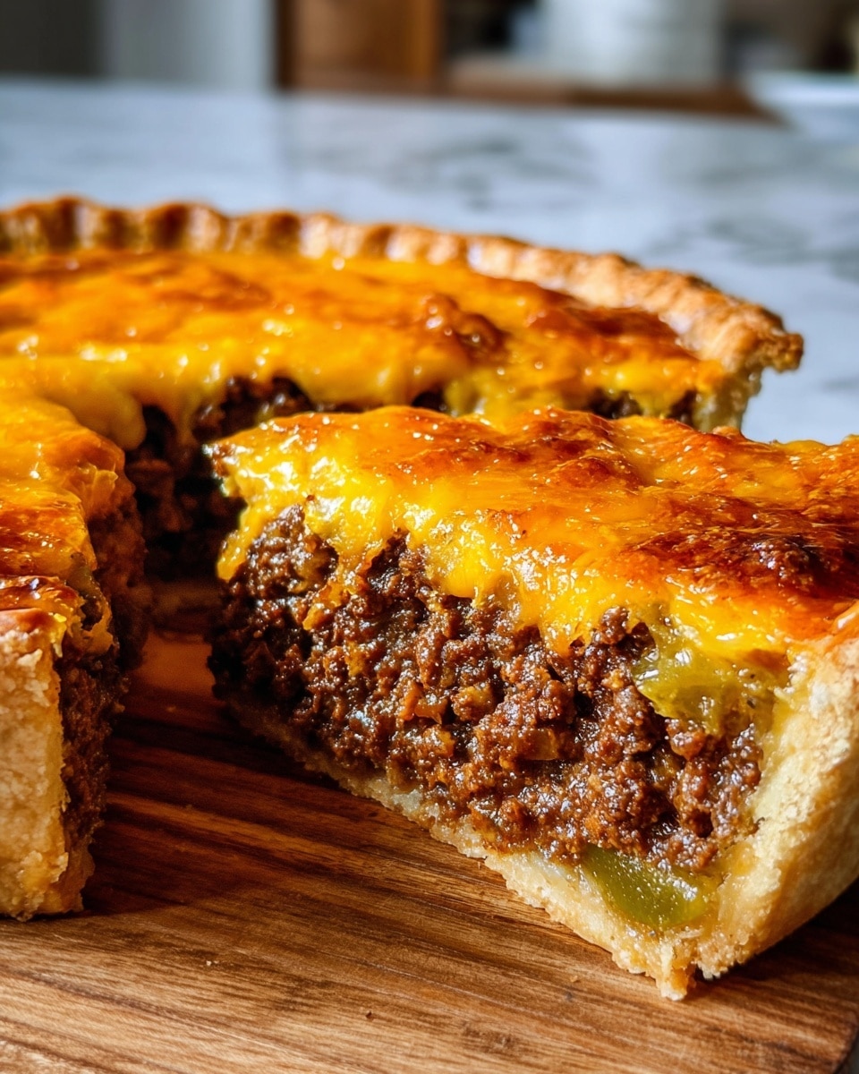 A close-up of a thick deep-dish pie slice shows three visible layers: the bottom layer is a golden brown crust that looks flaky and firm, the middle layer is filled with a dense, crumbly, dark brown cooked ground beef mixed with small green pieces, and the top layer is melted cheddar cheese, bright orange and slightly browned in spots, covering the filling completely. The pie is set on a wooden cutting board with a white marbled texture in the background. A slice has been removed, revealing the rich texture of each layer clearly. Photo taken with an iphone --ar 4:5 --v 7