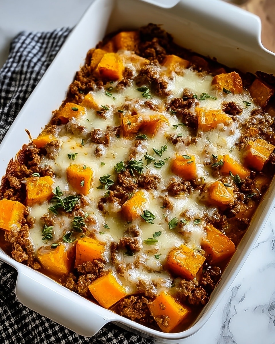 A white rectangular baking dish filled with two main layers: the bottom layer has bright orange chunks of cooked squash with a soft texture, and the top layer is browned ground beef scattered unevenly over the squash, with melted light yellow cheese covering both layers partially, along with small green herb leaves sprinkled on top. The dish rests on a white marbled surface with a partially visible black-and-white checkered cloth nearby. Photo taken with an iphone --ar 4:5 --v 7