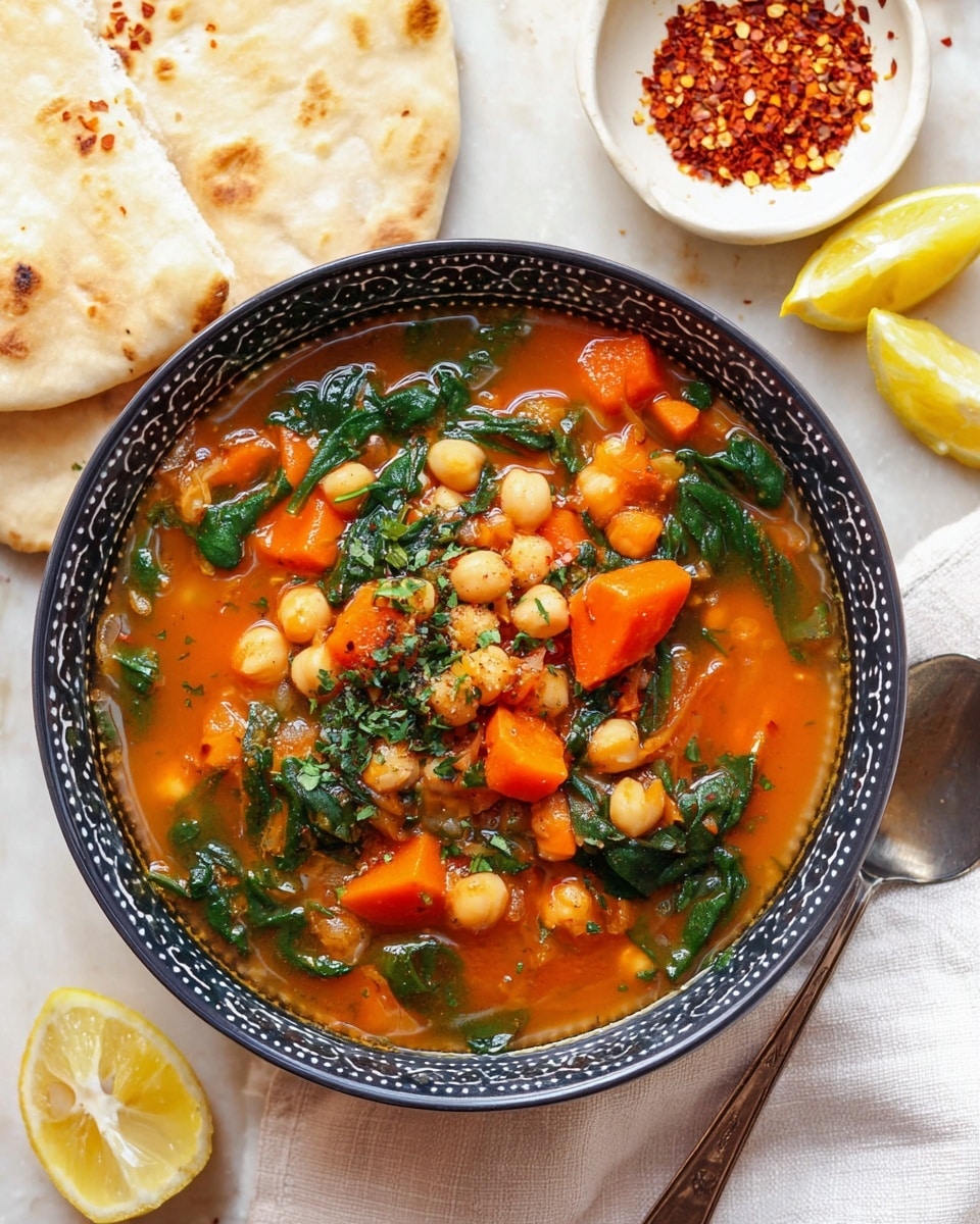 A deep bowl filled with a thick soup that has four main layers: a watery orange-red broth base, big chunks of bright orange carrot, white round chickpeas scattered evenly, and dark green leafy spinach mixed throughout. The bowl is dark with white patterns around the edge. Around the bowl, there are white pieces of flatbread, two lemon wedges on a white marbled surface, and a small white bowl filled with red chili flakes. A metal spoon lies on a white cloth napkin near the bowl. The scene is bright and fresh. photo taken with an iphone --ar 4:5 --v 7