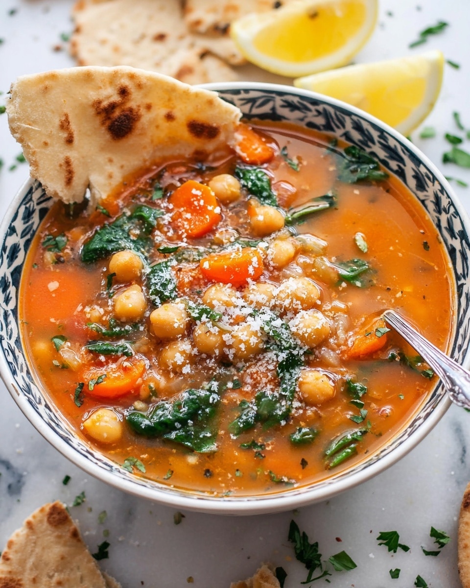 A close-up image of a bowl filled with a vibrant chickpea and vegetable soup that has about three distinct layers: the base layer is a smooth, orange-red broth, the middle layer includes a mix of bright orange carrot slices and green spinach leaves, and the top layer shows plump, light tan chickpeas floating along with a sprinkle of grated white cheese. There is a piece of soft, warm pita bread, torn in halves, placed on the edge of the bowl, which is white with a delicate dark blue pattern on the rim. A silver spoon is partially submerged in the soup on the right side. In the background, lemon wedges and more torn pita bread rest on a white marbled surface, with scattered green herbs around, photo taken with an iphone --ar 4:5 --v 7