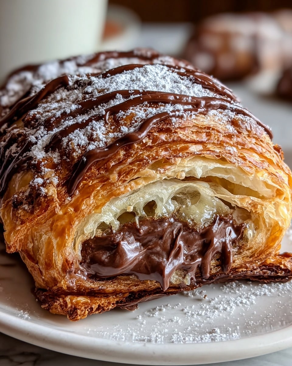 A close-up of a torn croissant showing multiple layers of flaky, golden-brown pastry with a chewy inside, filled with a dark, rich chocolate spread. The top has thick, glossy chocolate drizzled over it and is lightly dusted with powdered sugar. The croissant sits on a white plate with a white marbled surface in the background. photo taken with an iphone --ar 4:5 --v 7