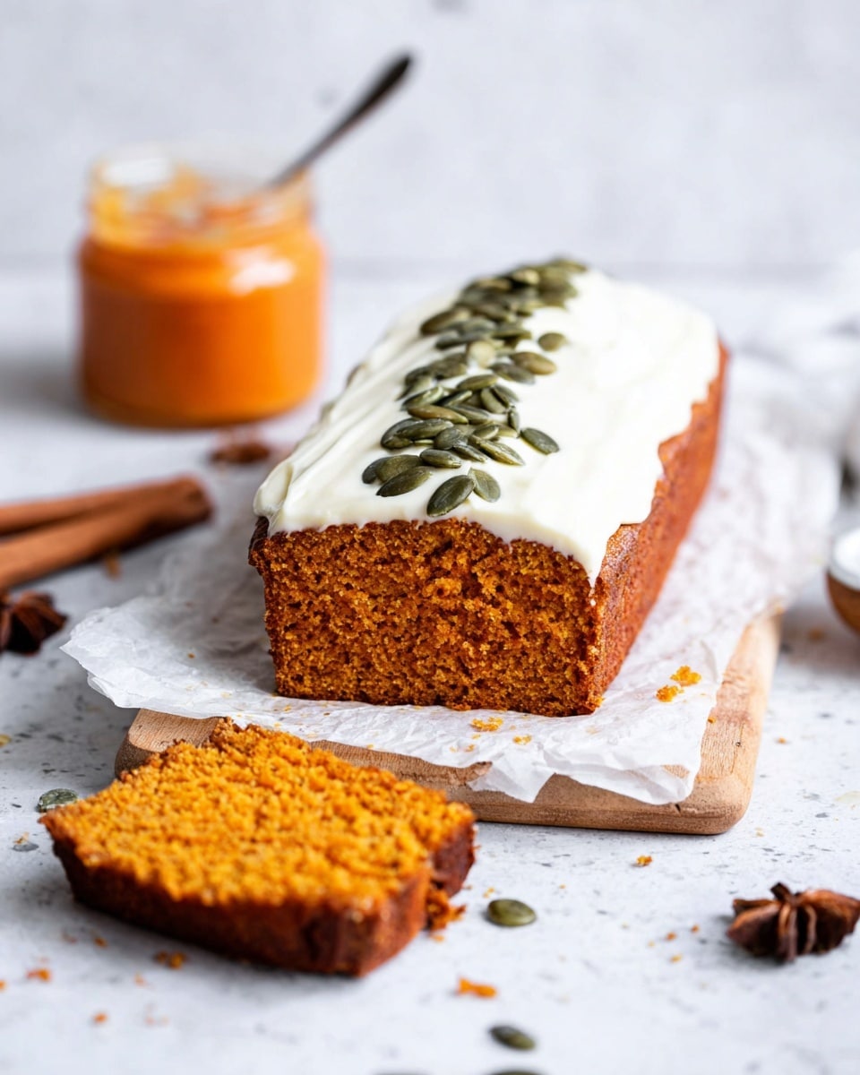 A loaf cake with two visible layers is shown, the bottom layer is moist and golden brown with a dense texture, while the top layer is thick, creamy white frosting spread evenly across the surface. On top of the frosting, there is a neat row of green pumpkin seeds being placed by a woman's hand dropping one seed. In the foreground, a slice from the loaf is laid flat, showing the same two layers with frosting on top and scattered pumpkin seeds. The scene is set on a white marbled textured surface with a blurred jar of orange spread and some cinnamon sticks in the background. photo taken with an iphone --ar 4:5 --v 7