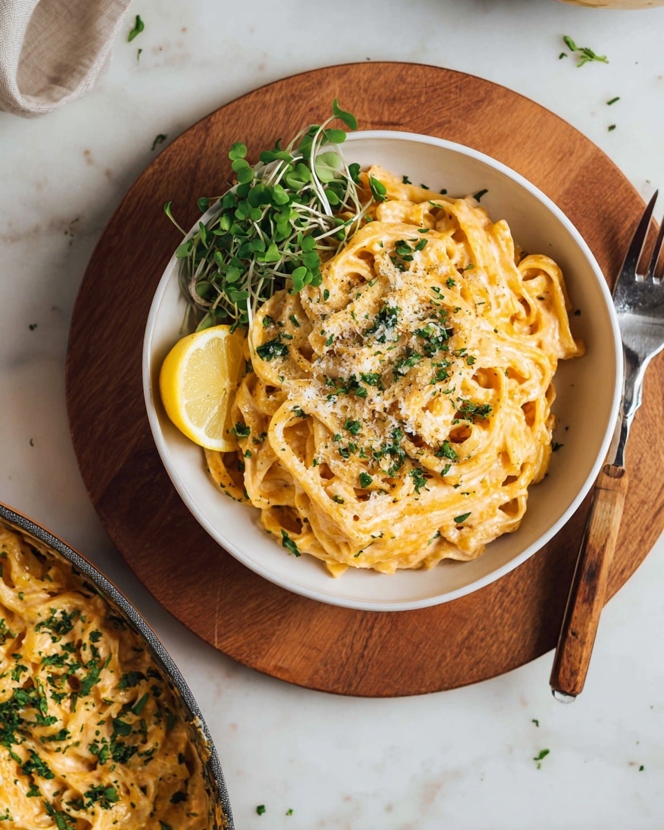 A white bowl filled with creamy fettuccine pasta covered in a light orange sauce, topped with a sprinkle of grated cheese and chopped green herbs. On the left side of the bowl is a half lemon slice and a small bunch of green microgreens. The bowl is placed on a round wooden board, sitting on a white marbled surface. To the right of the bowl, there is a fork with a wooden handle resting on the surface. In the lower left corner, part of a pan with more of the same pasta can be seen, sprinkled with chopped green herbs. Photo taken with an iphone --ar 4:5 --v 7