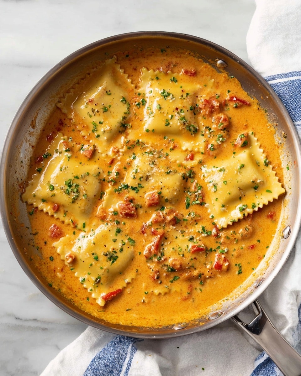 A silver pan filled with a creamy orange sauce that has visible small pieces of red bell pepper and herbs. On top, there are eight large, square ravioli pieces, light yellow in color, partially covered by the sauce, with specks of green herbs sprinkled all over. The pan sits on a white marbled surface with a white and blue cloth to the right. The sauce looks smooth and rich, layering around and slightly over the ravioli. Photo taken with an iphone --ar 4:5 --v 7