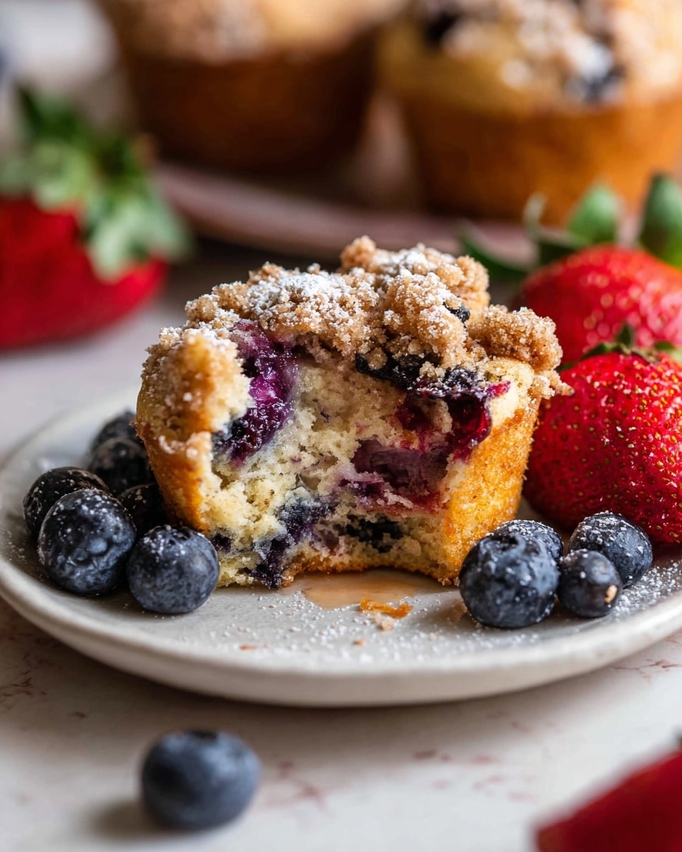 A close-up of a partially eaten blueberry muffin sits on a white plate with a white marbled texture background. The muffin has three visible layers: a crumbly golden brown streusel topping sprinkled with powdered sugar, a light golden cake middle layer with embedded juicy blueberries, and a slightly darker bottom layer showing some purple blueberry juice soaking into it. Around the muffin are fresh whole blueberries dusted with powdered sugar and bright red strawberries with green tops. A small part of another muffin is visible on the right side of the plate. The surface underneath the plate is a white marbled texture. photo taken with an iphone --ar 4:5 --v 7