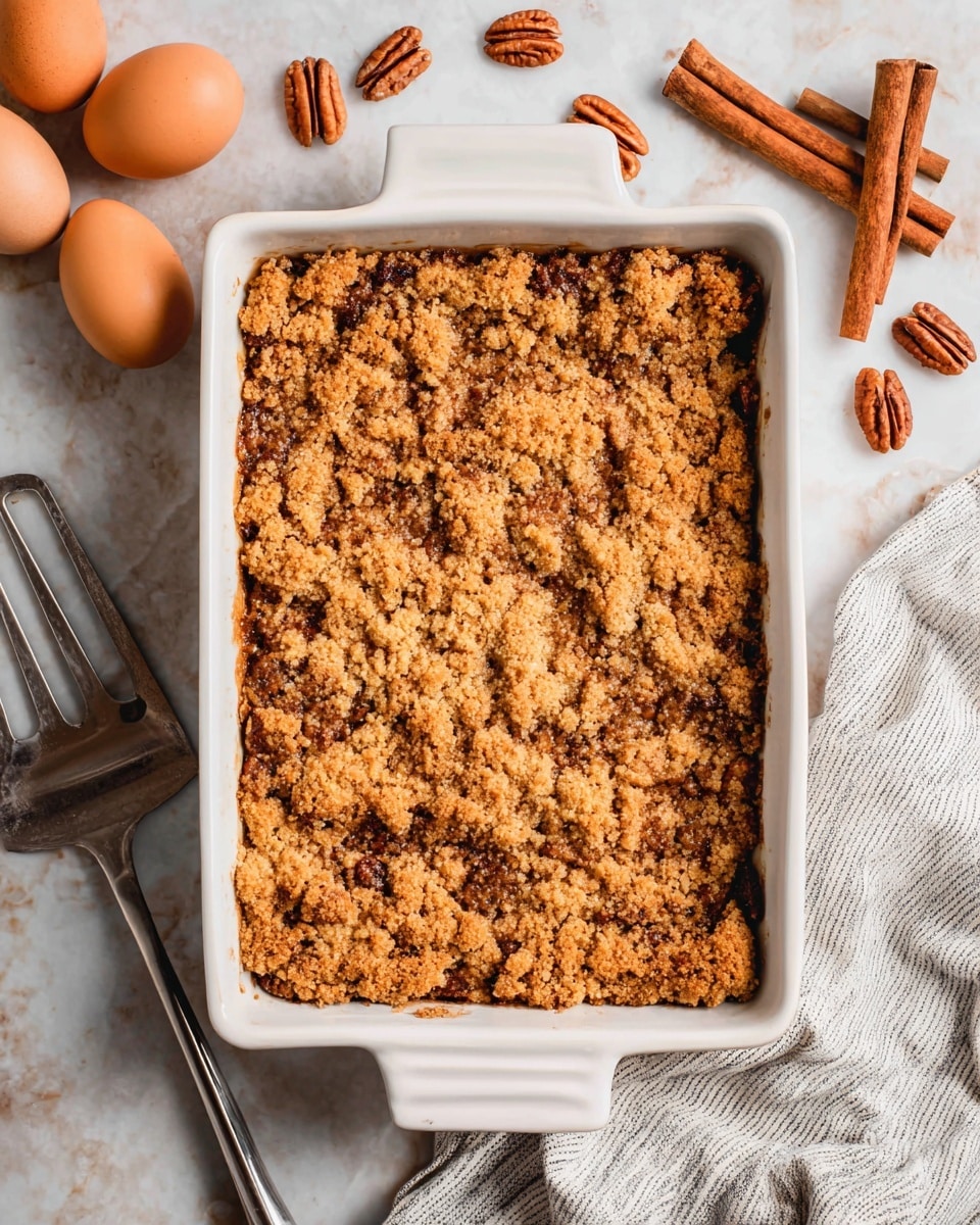 A rectangular white baking dish holds a golden brown crumb topped dessert with a rough, crunchy texture and visible dark brown pecan pieces scattered throughout. The crumble layer is thick and uneven, covering the whole surface of the dish. Around the dish on a white marbled surface, there are whole brown eggs, cinnamon sticks, and some pecan halves. A metal spatula rests near the bottom left corner next to a white and gray striped cloth on the right side. The overall look is warm and rustic. photo taken with an iphone --ar 4:5 --v 7