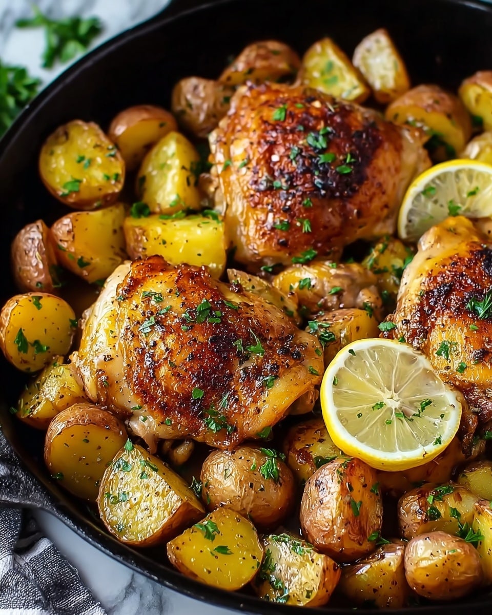 A close-up of a black cast iron pan filled with three golden brown, crispy roasted chicken thighs placed in the center, each topped with small green parsley bits. Surrounding the chicken are roasted golden potatoes cut into halves and quarters with browned, crisp edges. There is a bright yellow lemon slice placed on the right side near the chicken, also sprinkled lightly with parsley. The whole dish shows a mix of warm colors from the roasted chicken and potatoes with fresh green herbs scattered on top. The image background has a white marbled texture. Photo taken with an iphone --ar 4:5 --v 7