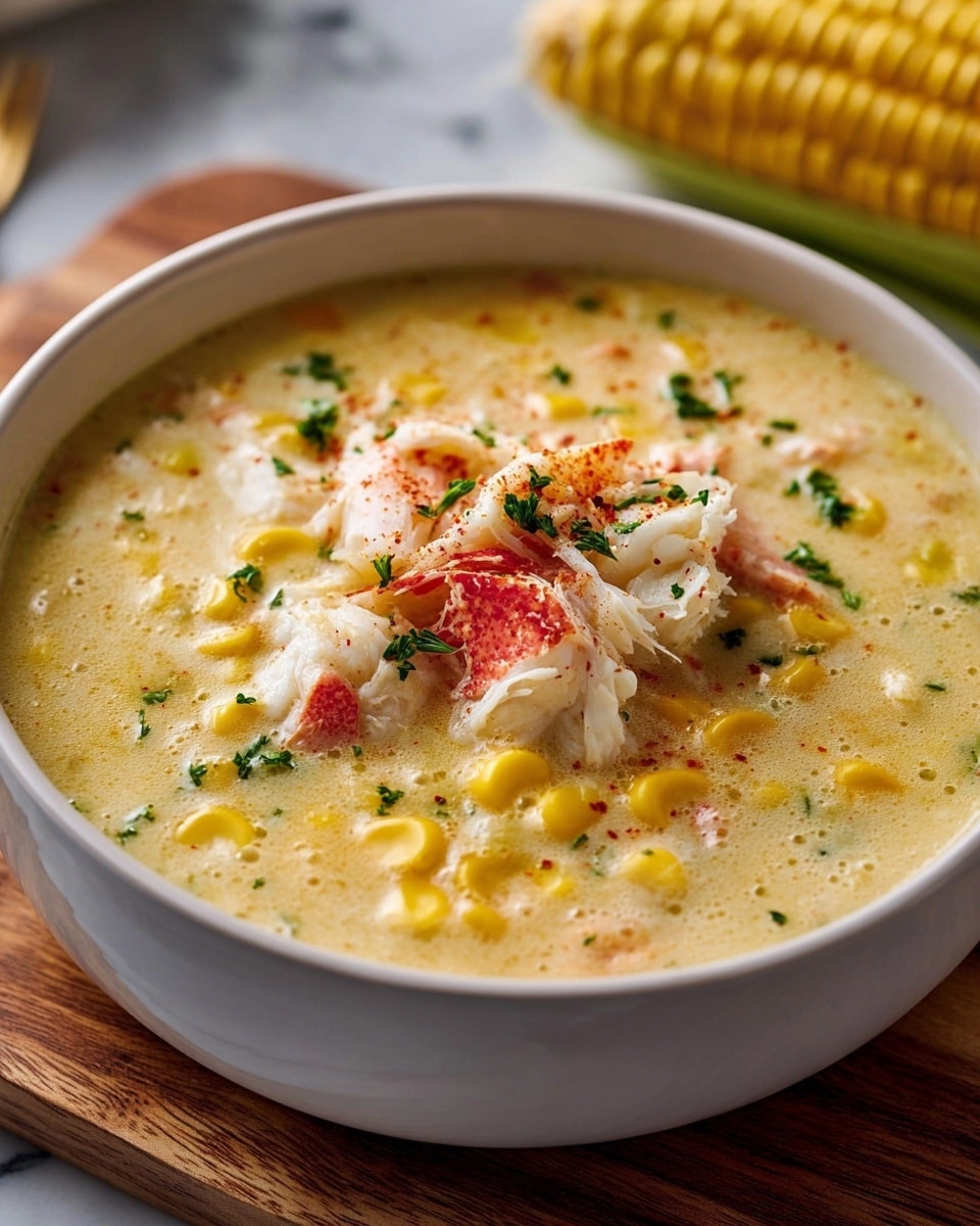 A white bowl filled with a creamy soup that has a light yellow color. Floating in the soup are bright yellow corn kernels scattered throughout. On top, there are chunks of white crab meat with bits of red crab shell visible, lightly sprinkled with green herbs and a little red spice. The soup looks thick and smooth, with a few small bubbles on the surface. The bowl is placed on a wooden board with a white marbled texture background, and a blurred ear of corn is visible in the back. Photo taken with an iphone --ar 4:5 --v 7